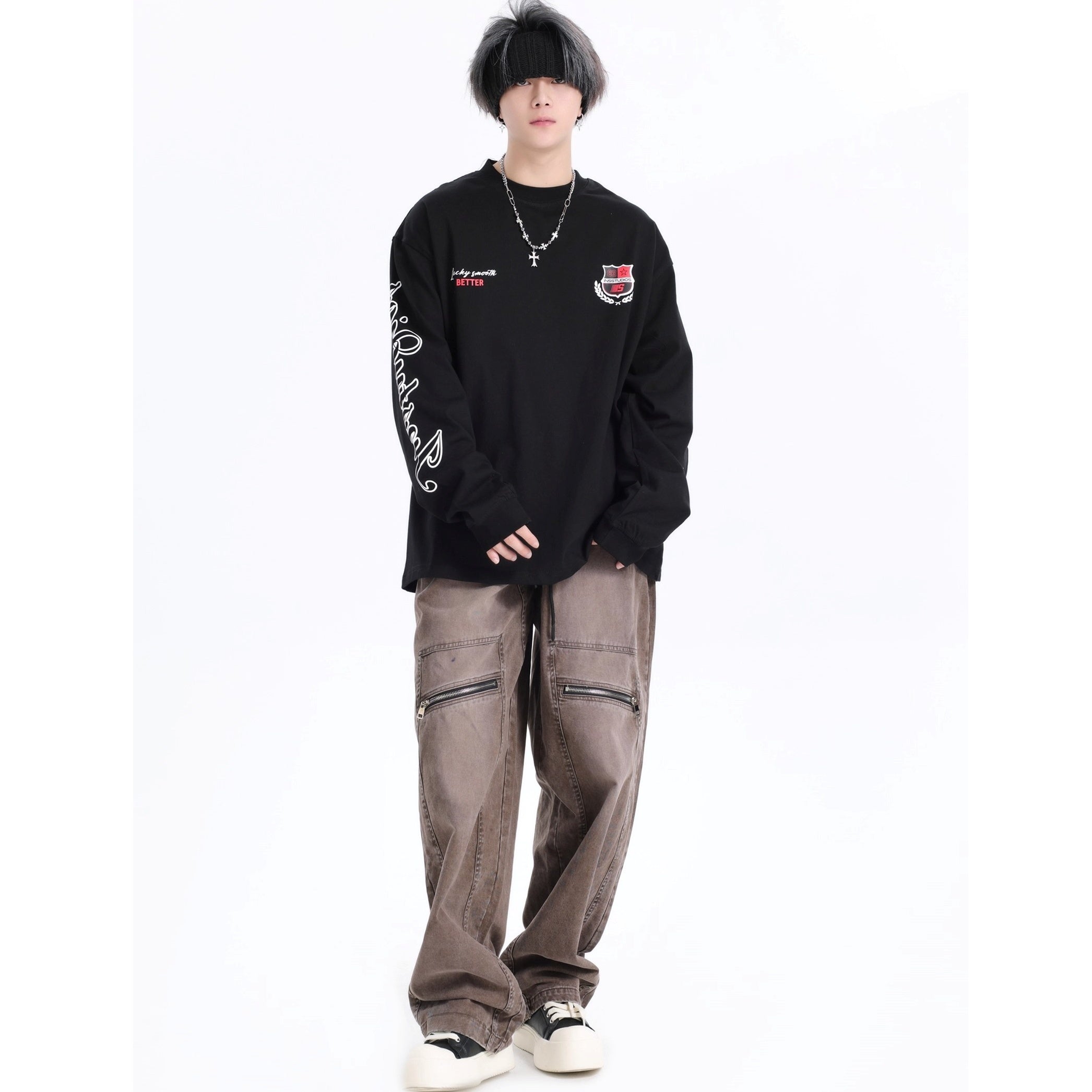 Retro Badge Print LOGO Long Sleeve T-Shirt IN7072