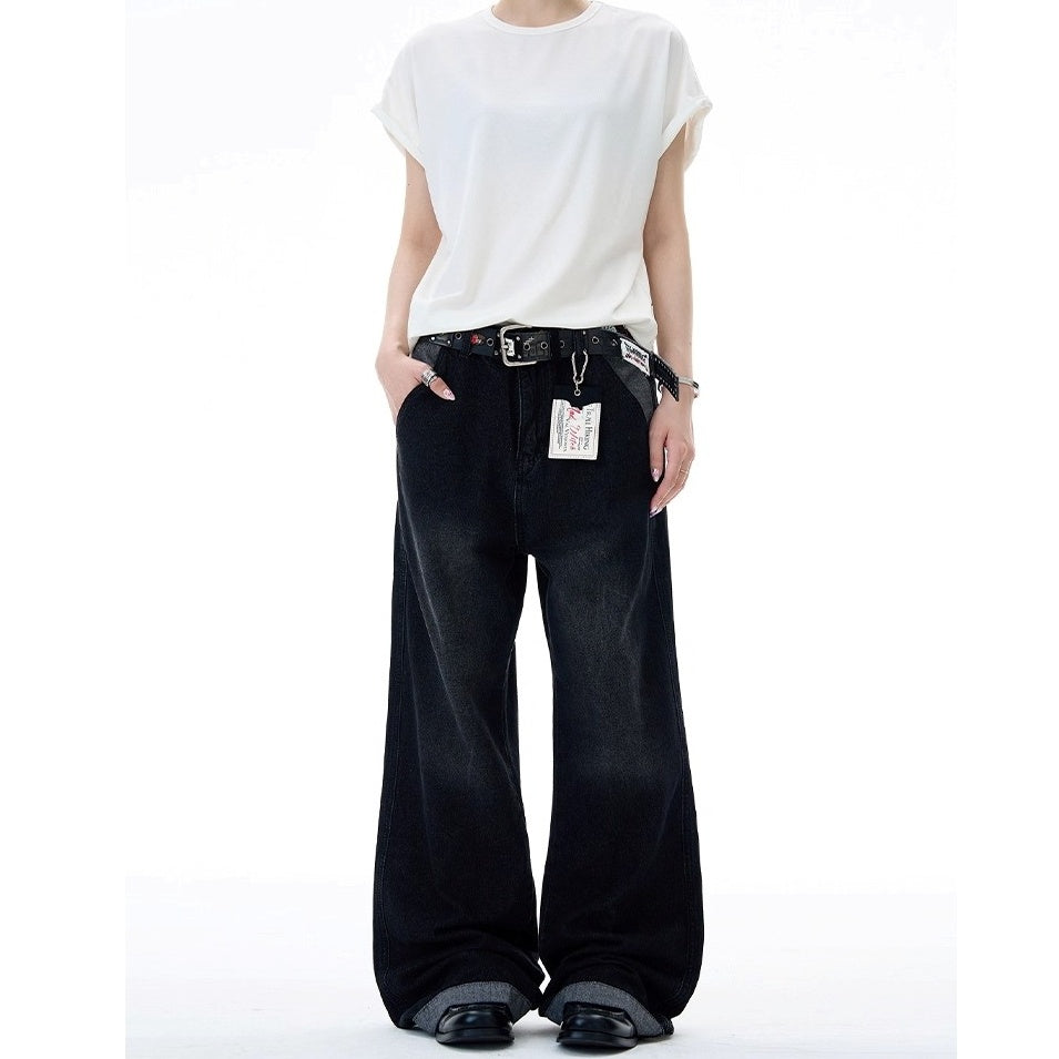 Contrasting Paneled Washed Loose Straight Jeans MD7001