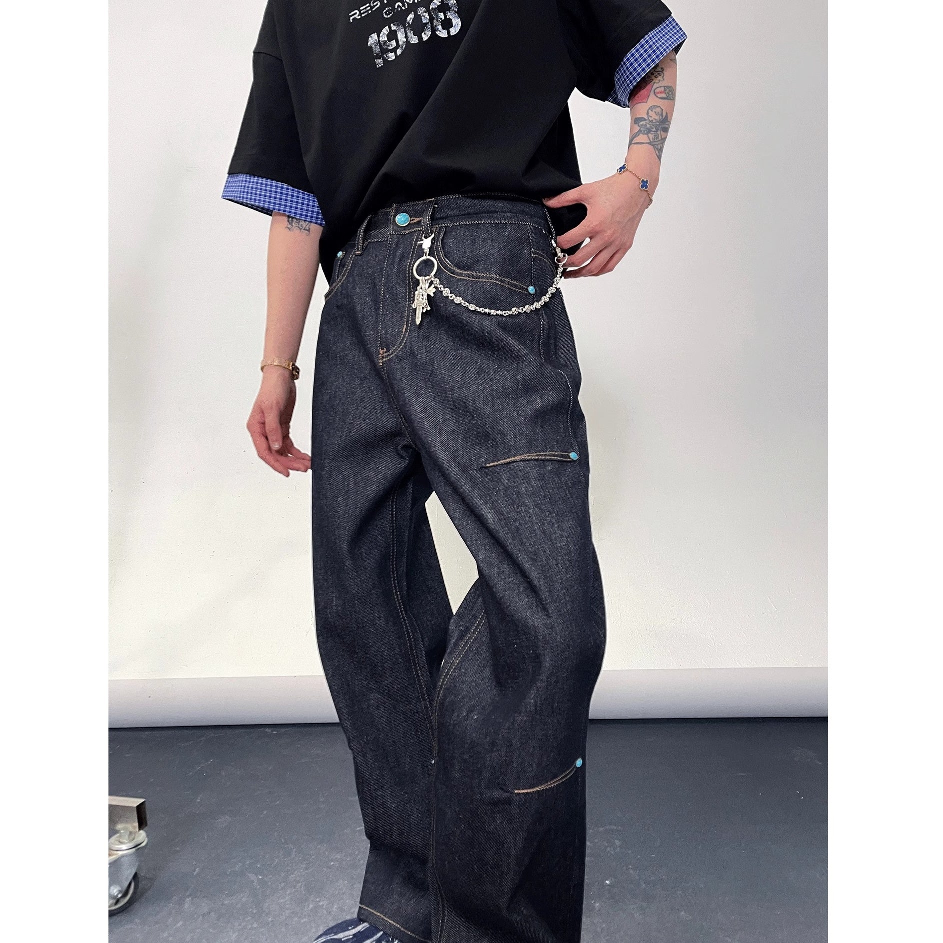 Turquoise Button Stitch Loose Straight Jeans EAT169