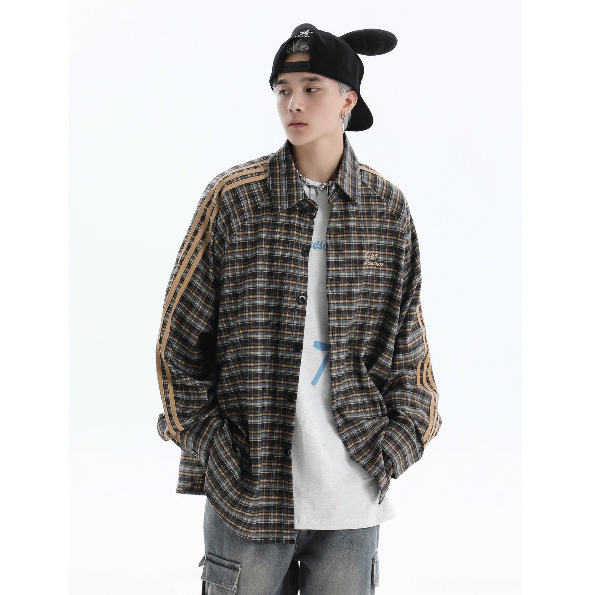 Three-bar Plaid Loose Shirt IN7077