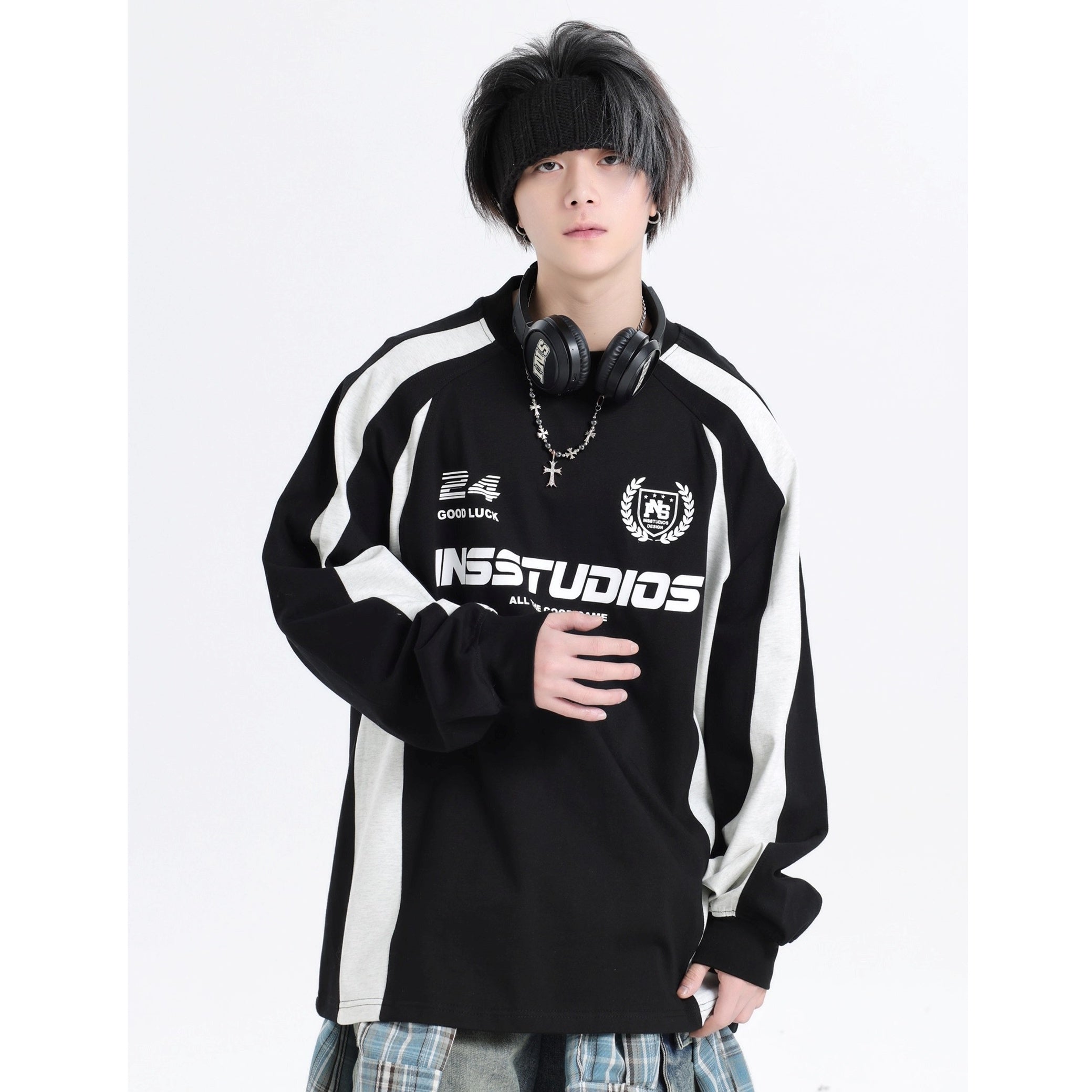 Contrasting Stitching Racing LOGO Long Sleeve T-shirt IN7074