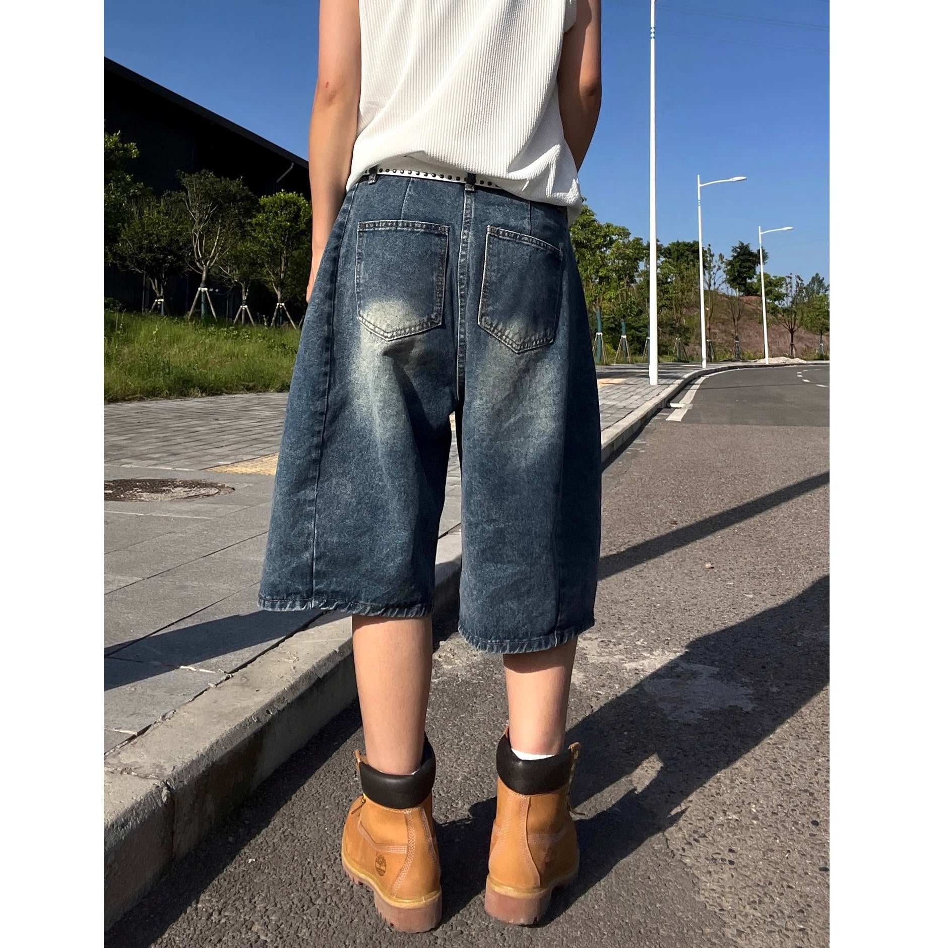 Retro Wash Denim Wide Half Pants EAT175