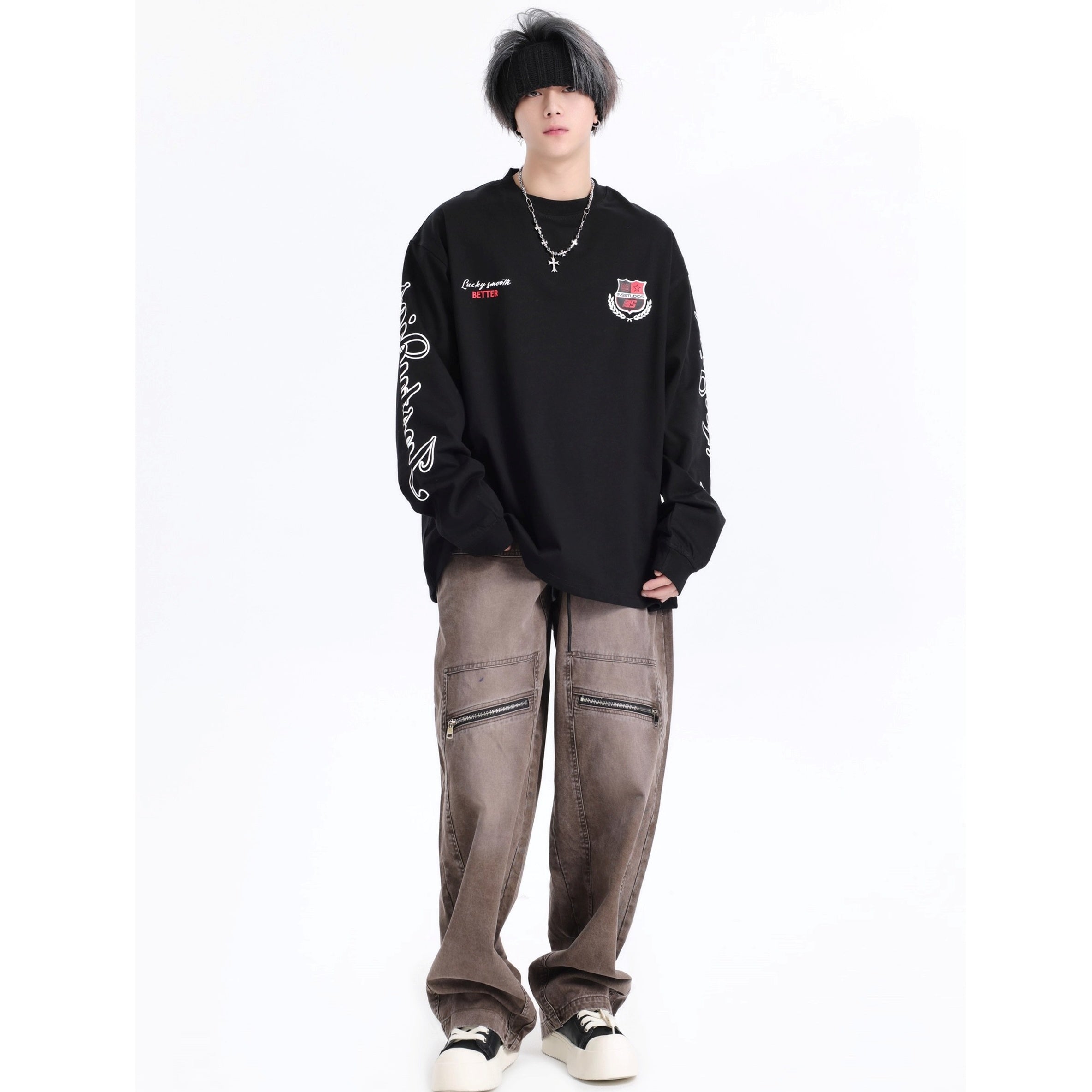 Retro Badge Print LOGO Long Sleeve T-Shirt IN7072