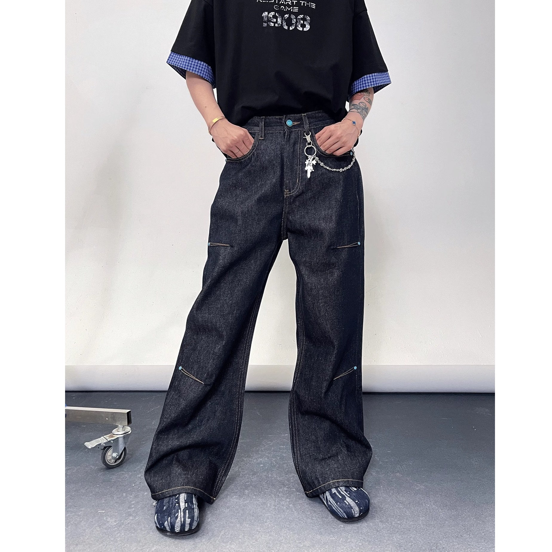 Turquoise Button Stitch Loose Straight Jeans EAT169