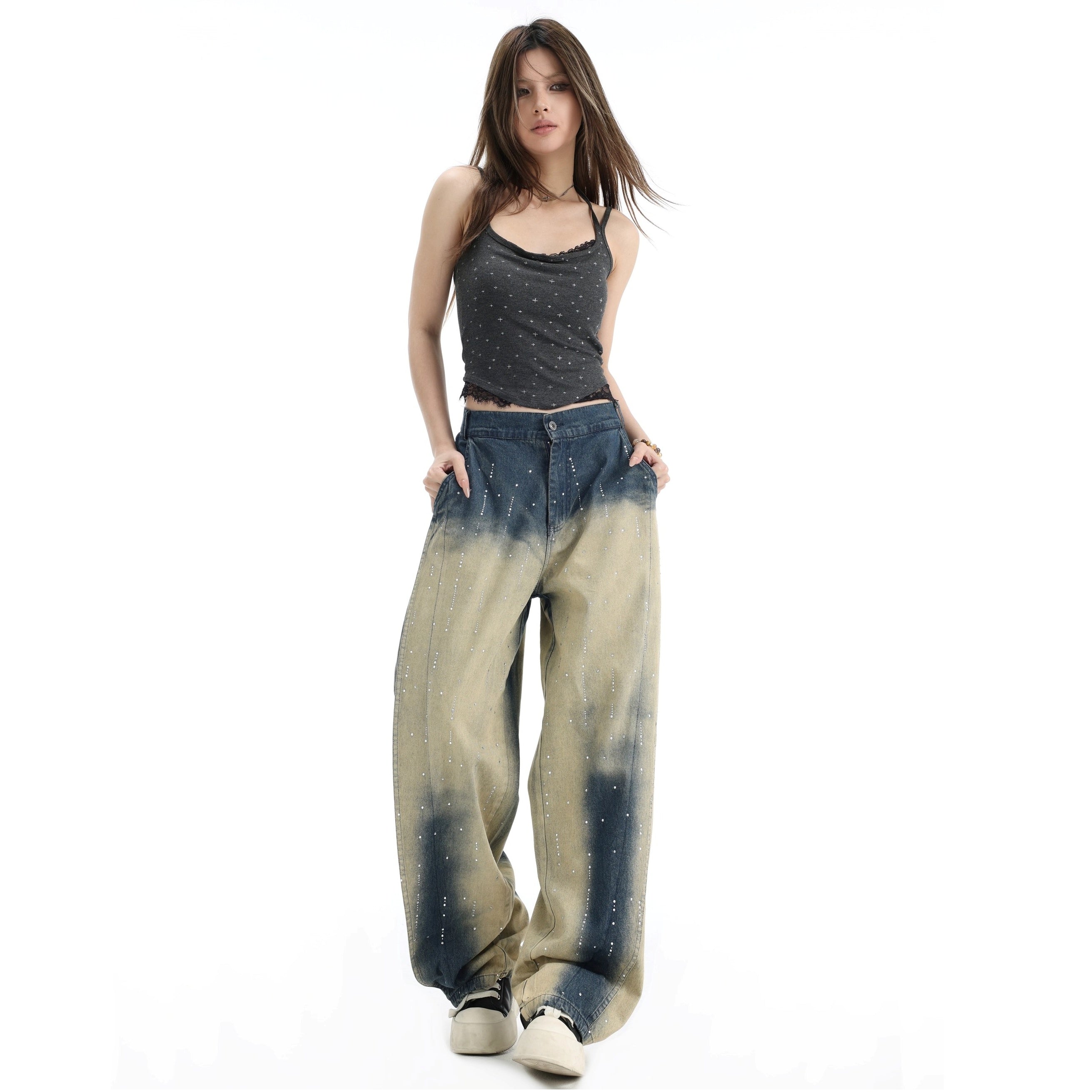 RhineStone Gradient Washed Loose Jeans IN7064