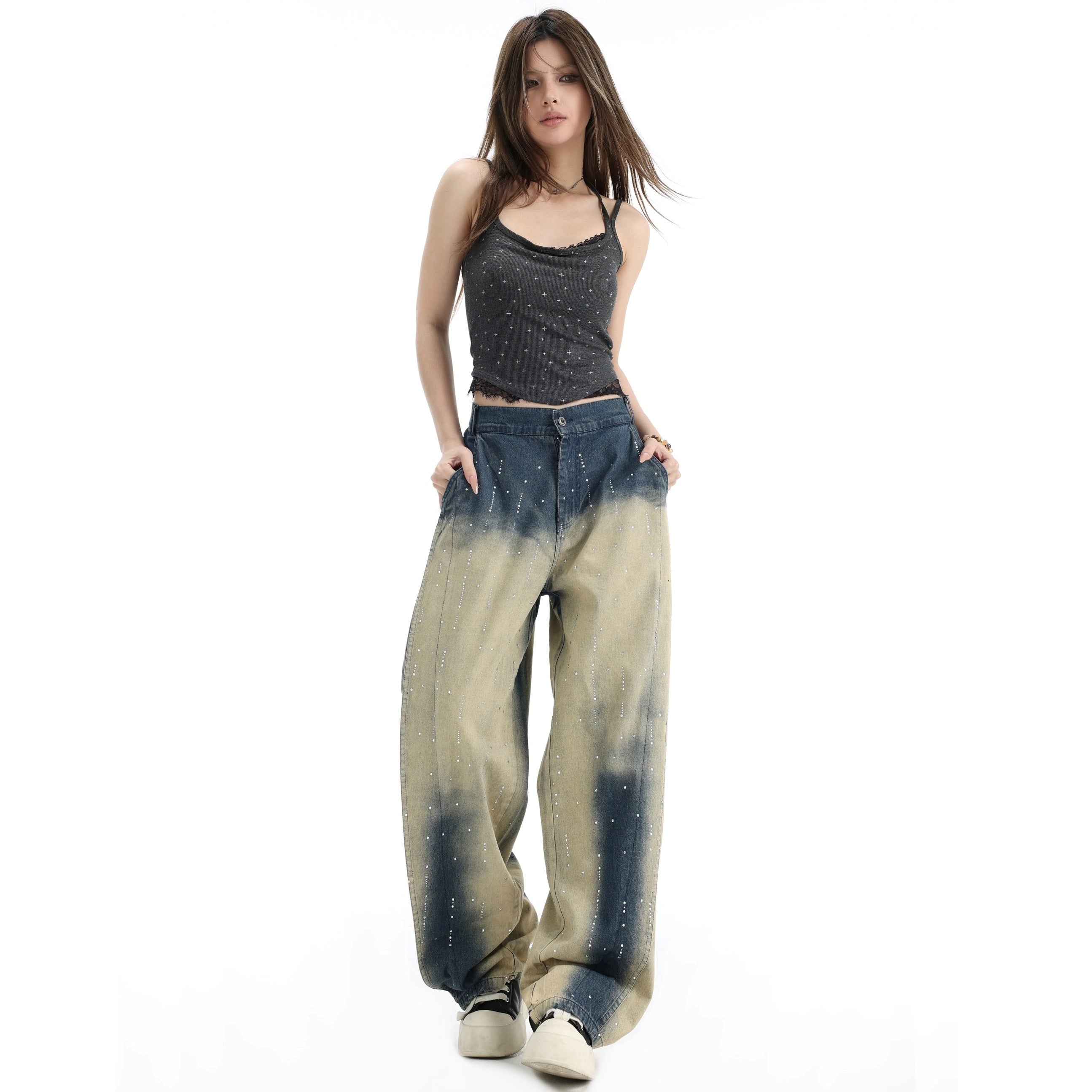 RhineStone Gradient Loose Distressed Washed Jeans IN7068