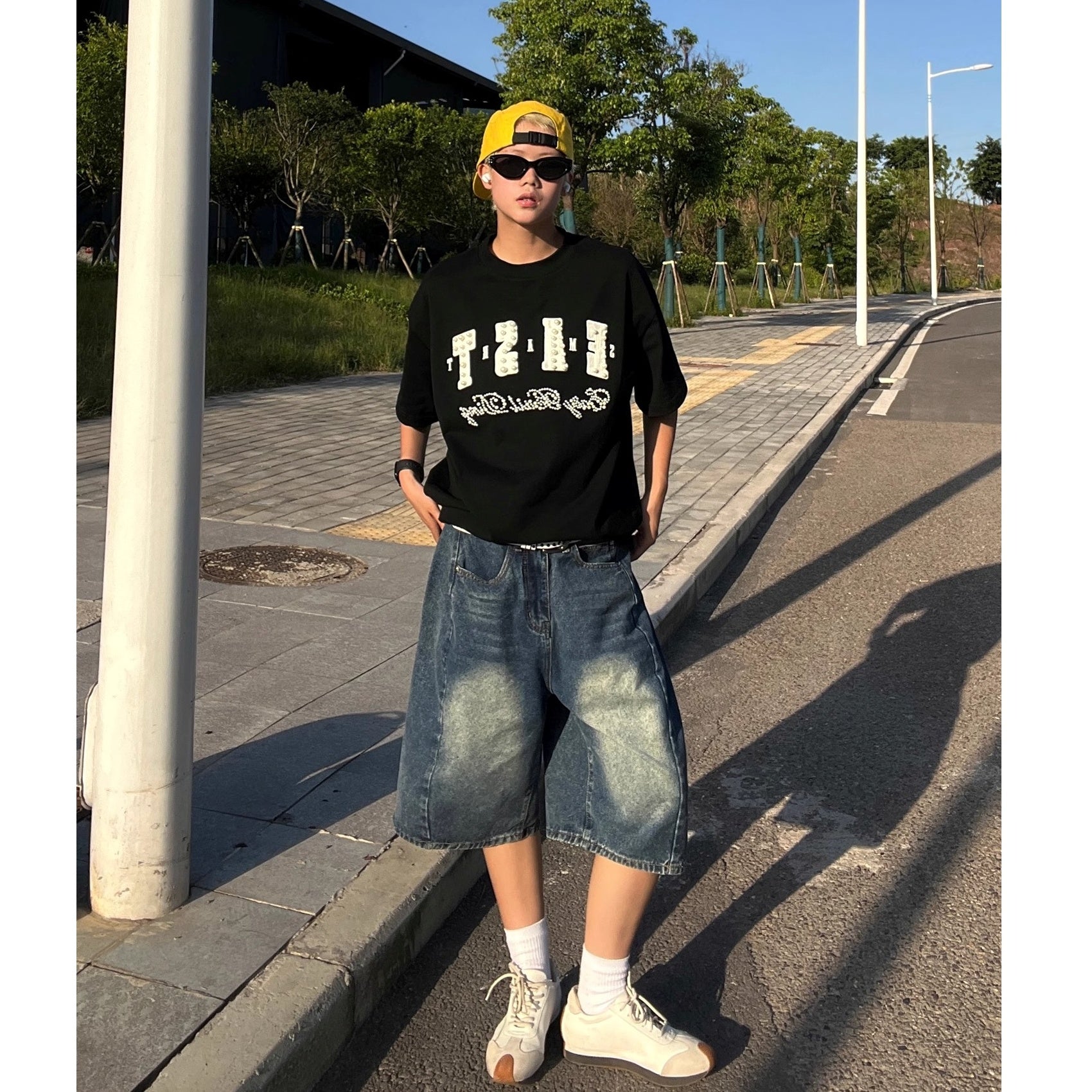 Retro Wash Denim Wide Half Pants EAT175