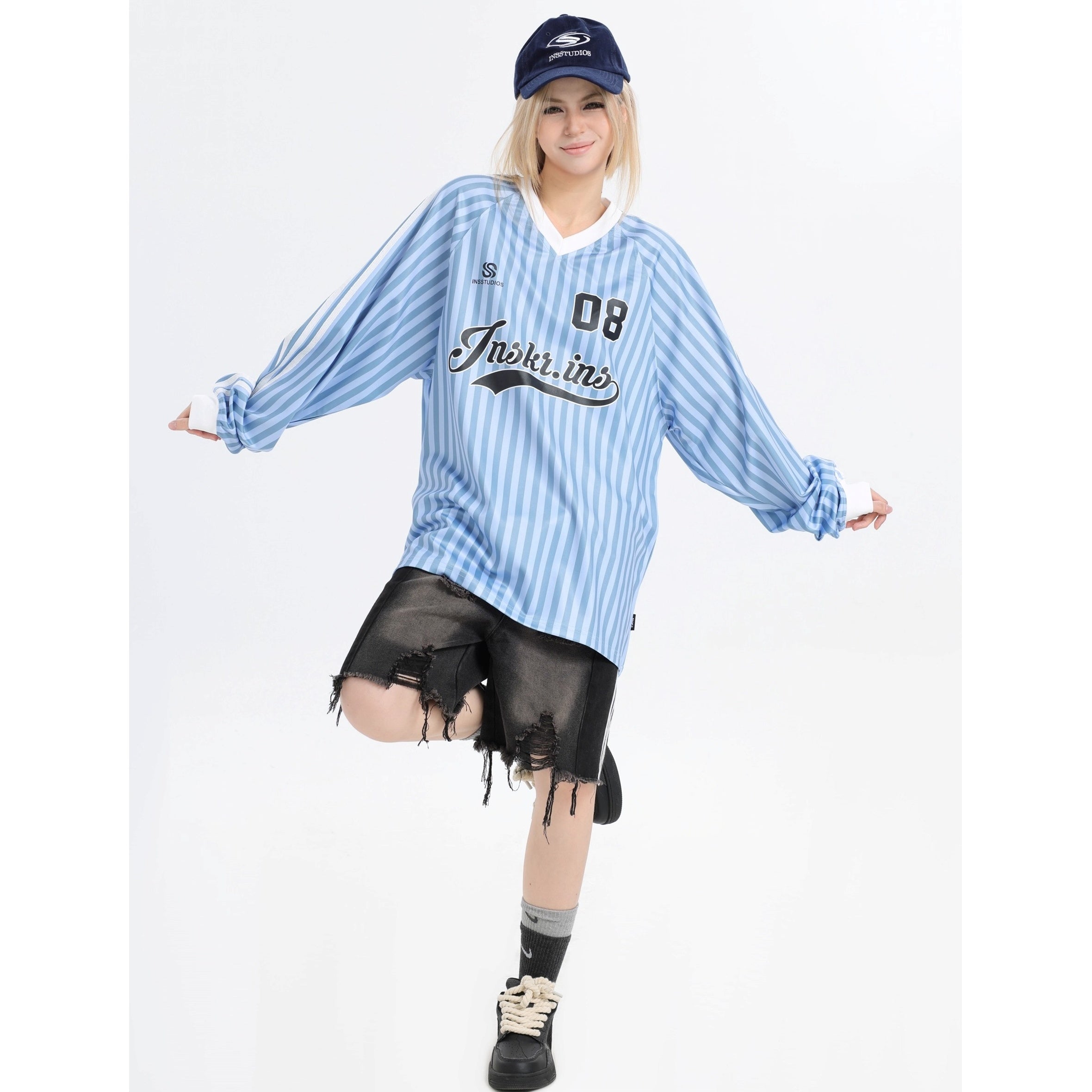 Stripe V-Neck Long Sleeve Sporty T-Shirt IN7073