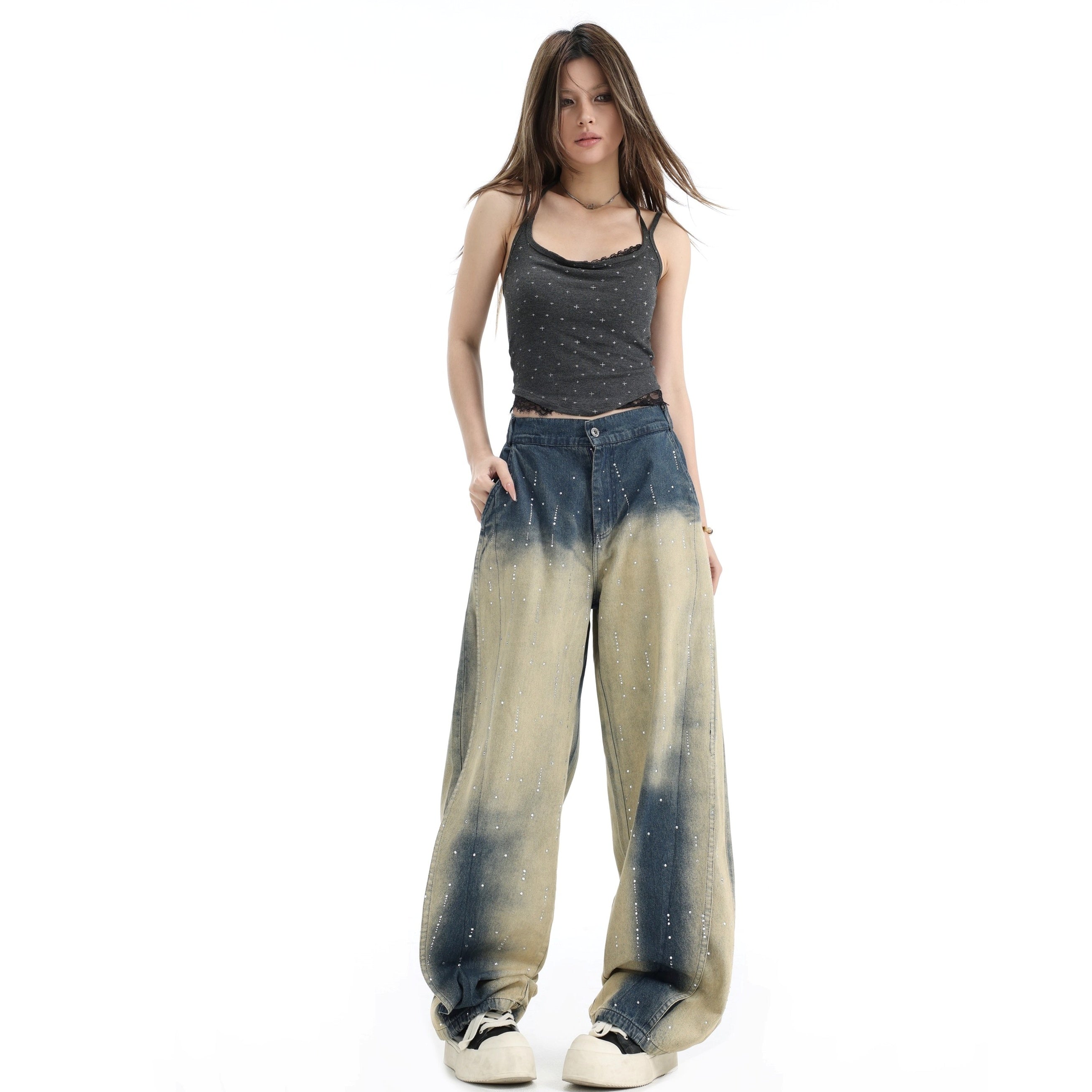 RhineStone Gradient Washed Loose Jeans IN7064