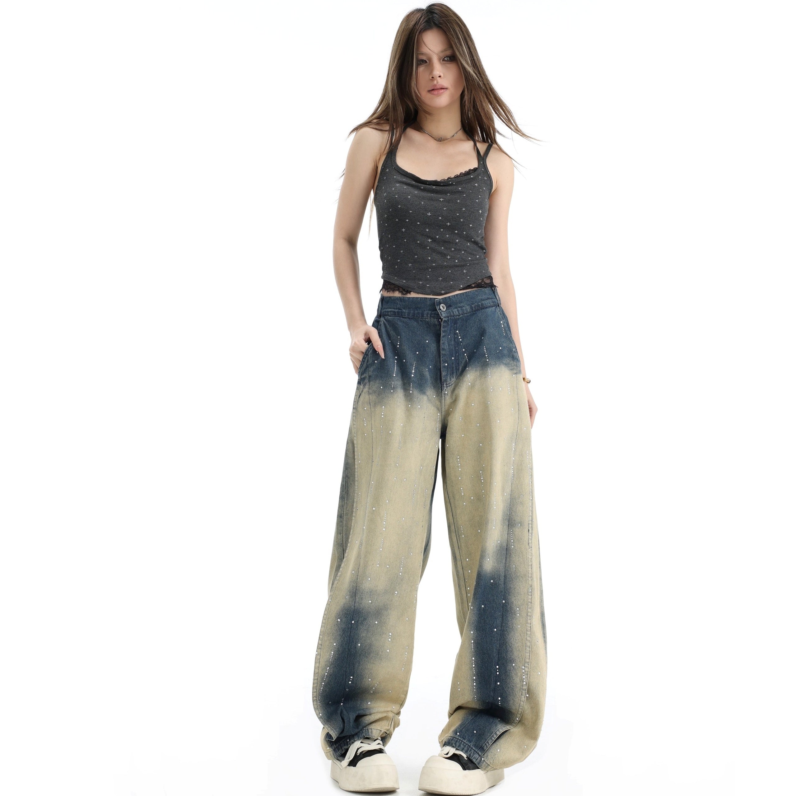 RhineStone Gradient Loose Distressed Washed Jeans IN7068