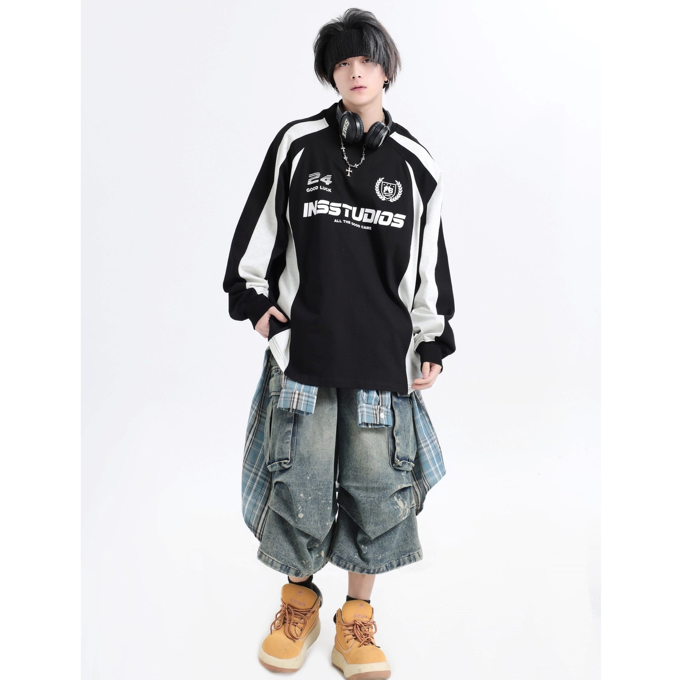 Contrasting Stitching Racing LOGO Long Sleeve T-shirt IN7074