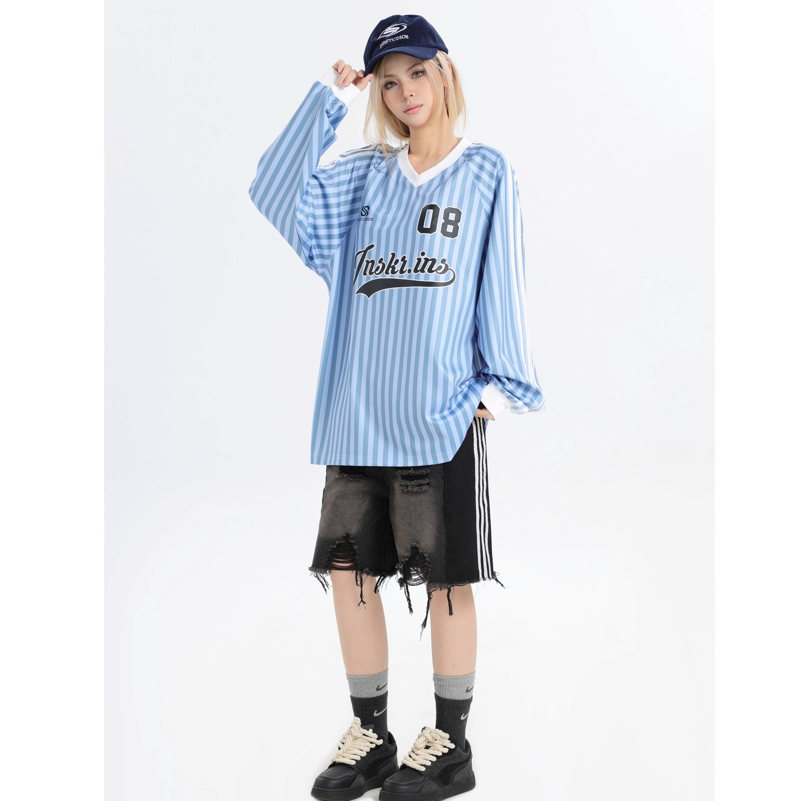 Stripe V-Neck Long Sleeve Sporty T-Shirt IN7073