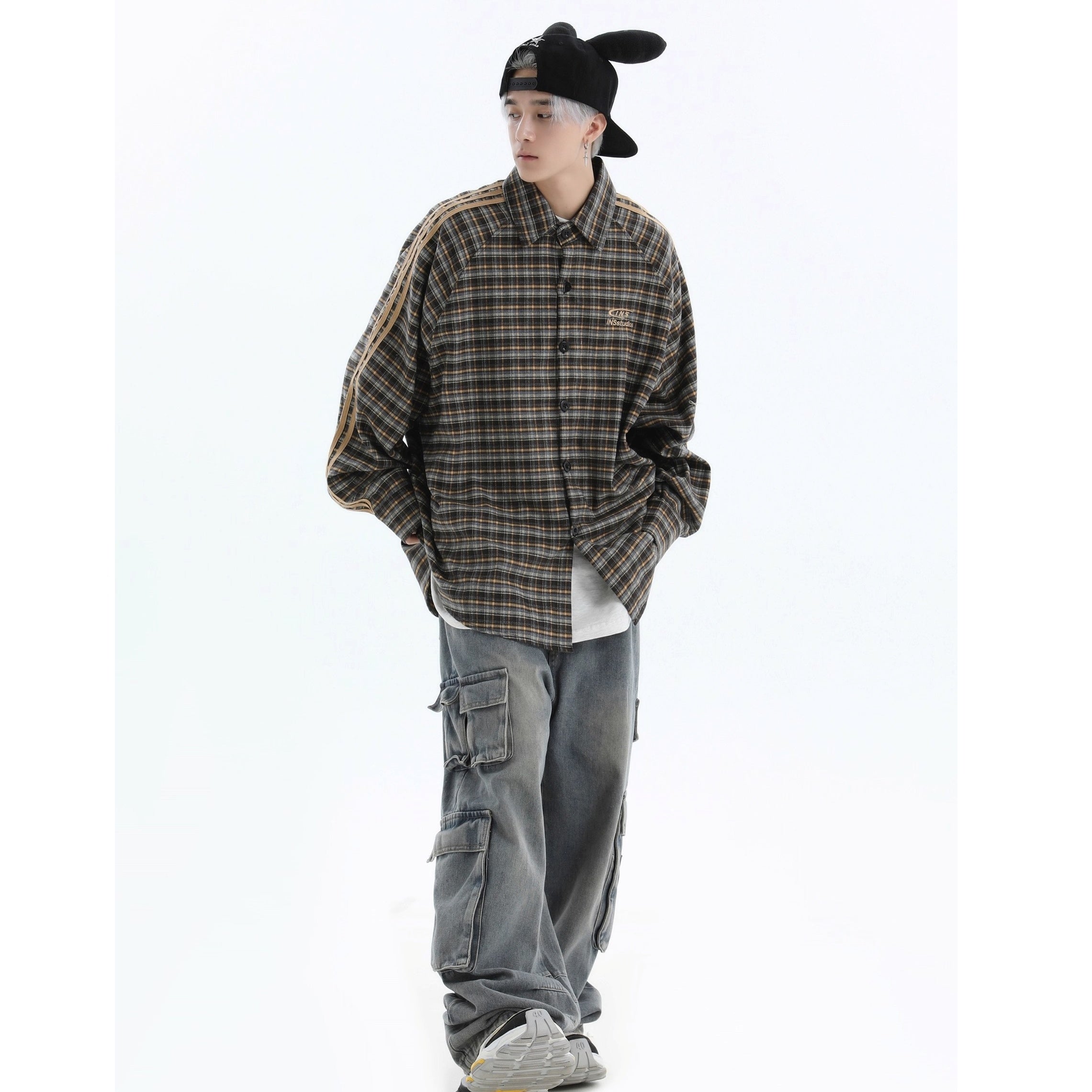 Three-bar Plaid Loose Shirt IN7077