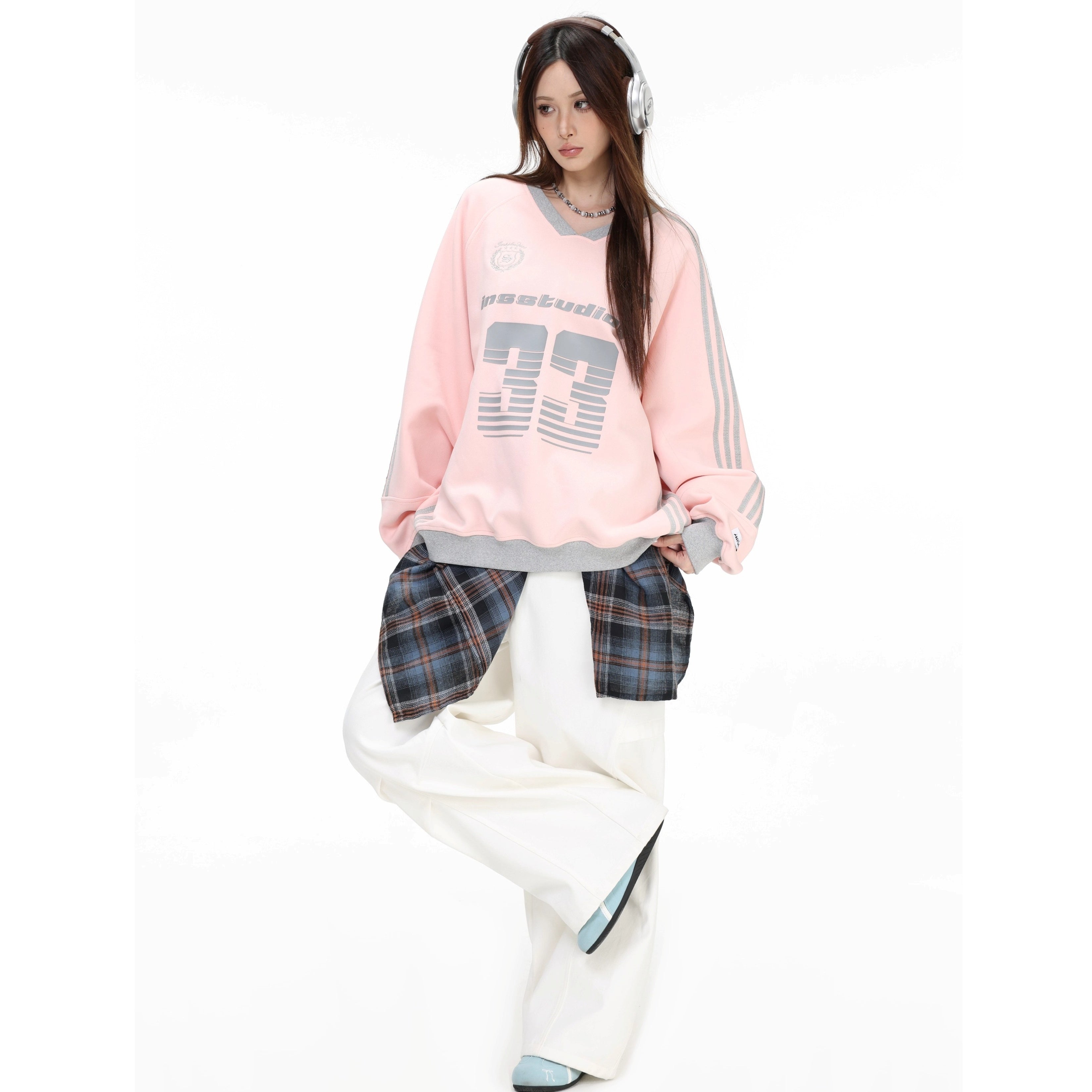 V-Neck Striped Jersey Sweatshirt IN7075