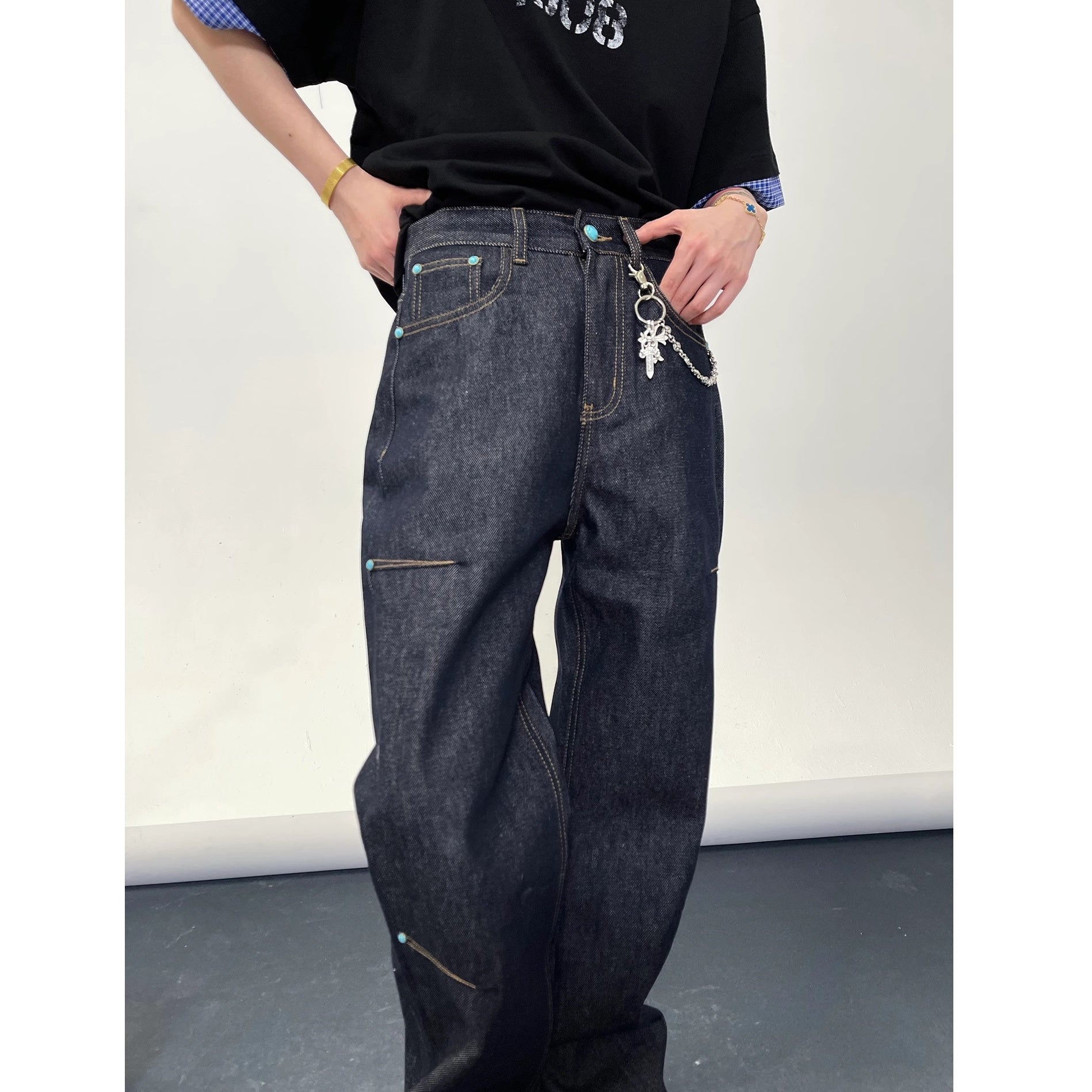 Turquoise Button Stitch Loose Straight Jeans EAT169