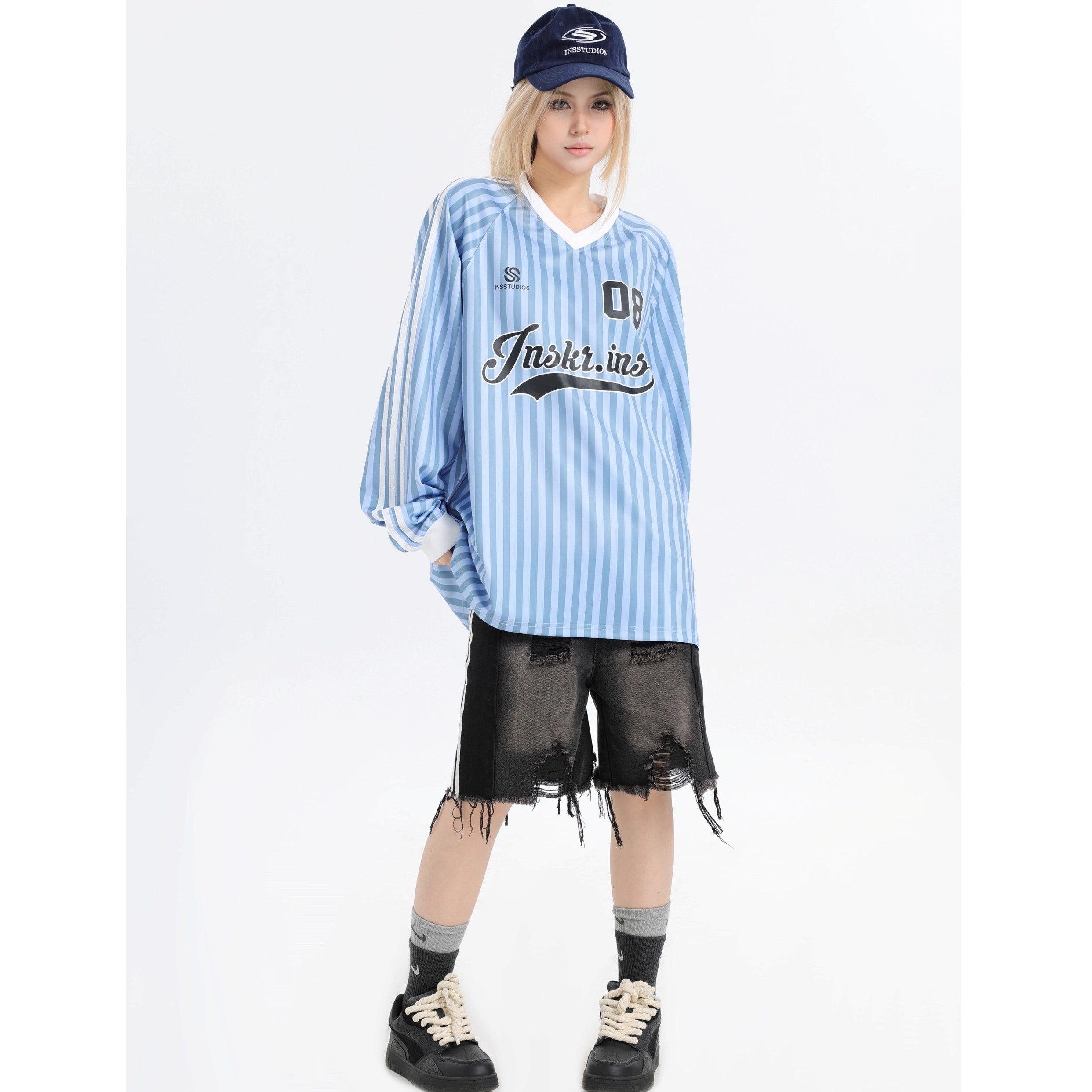 Stripe V-Neck Long Sleeve Sporty T-Shirt IN7073