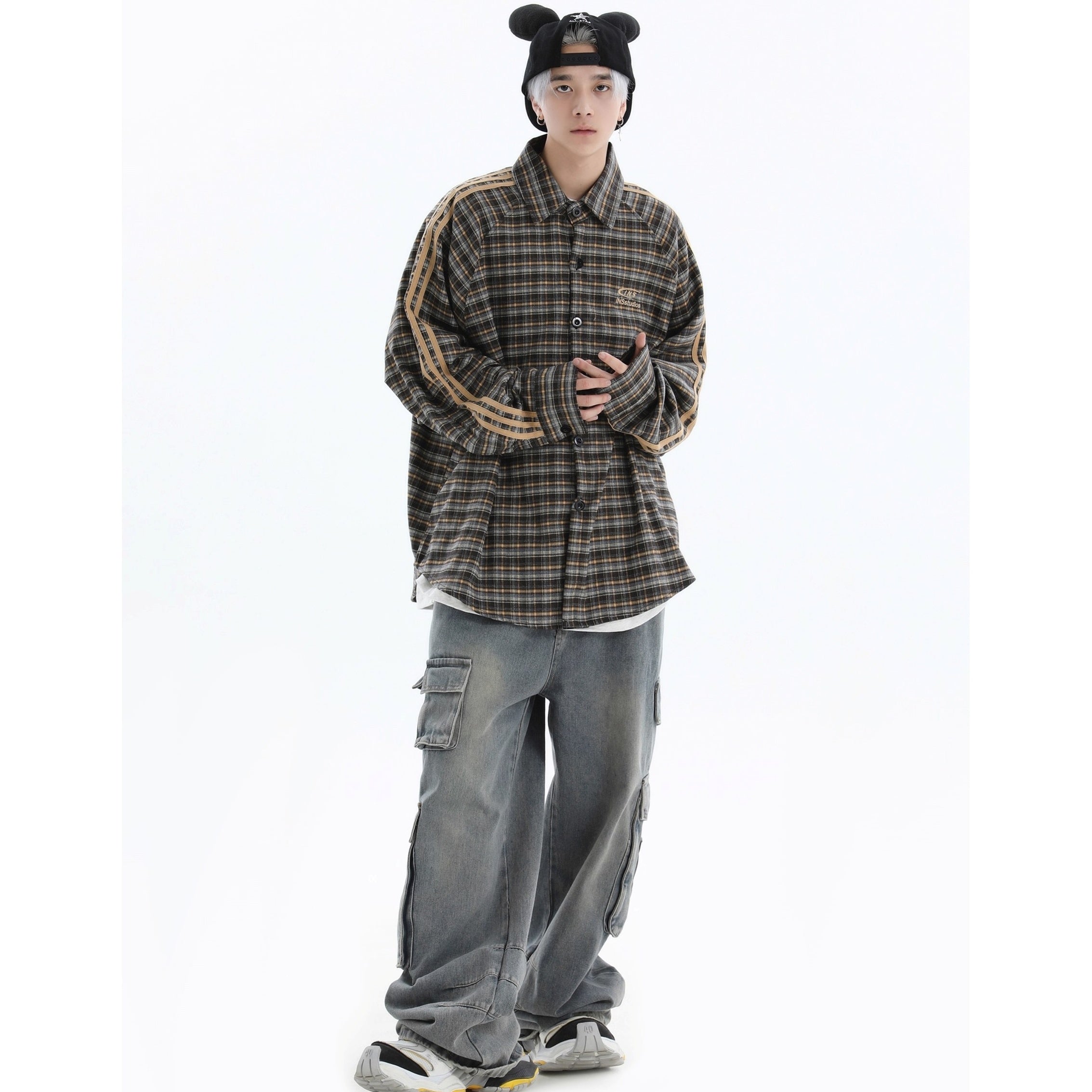 Three-bar Plaid Loose Shirt IN7077