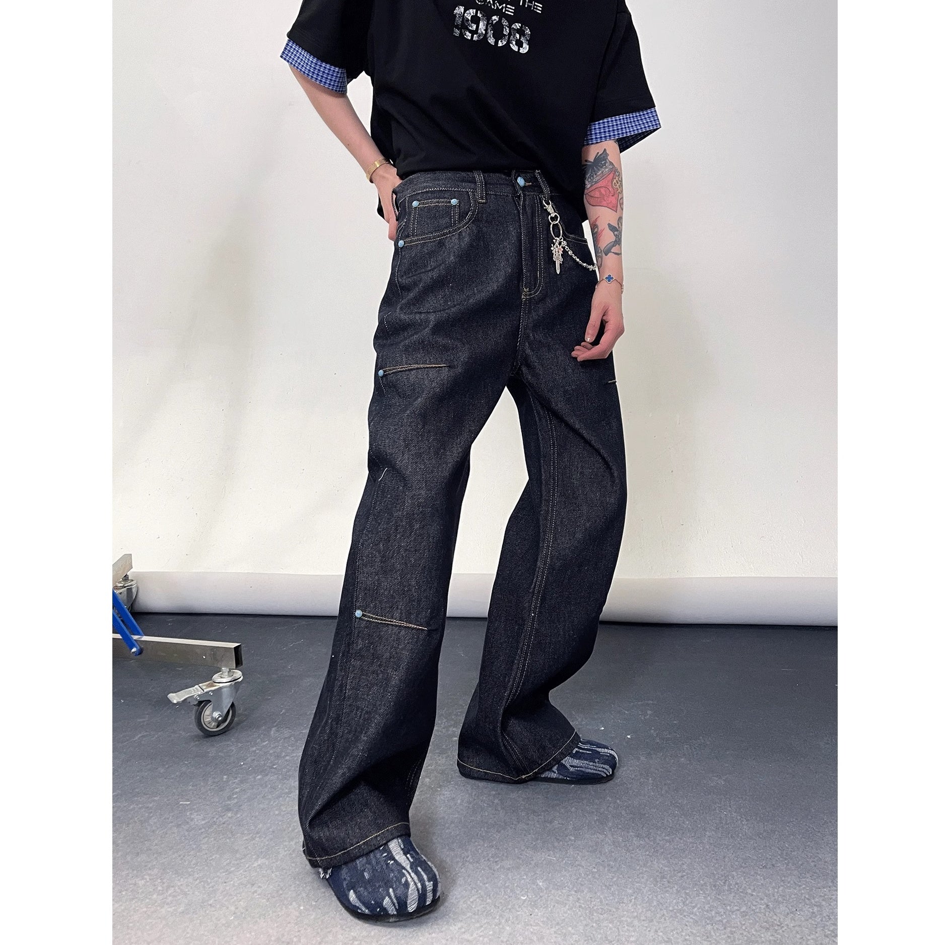 Turquoise Button Stitch Loose Straight Jeans EAT169