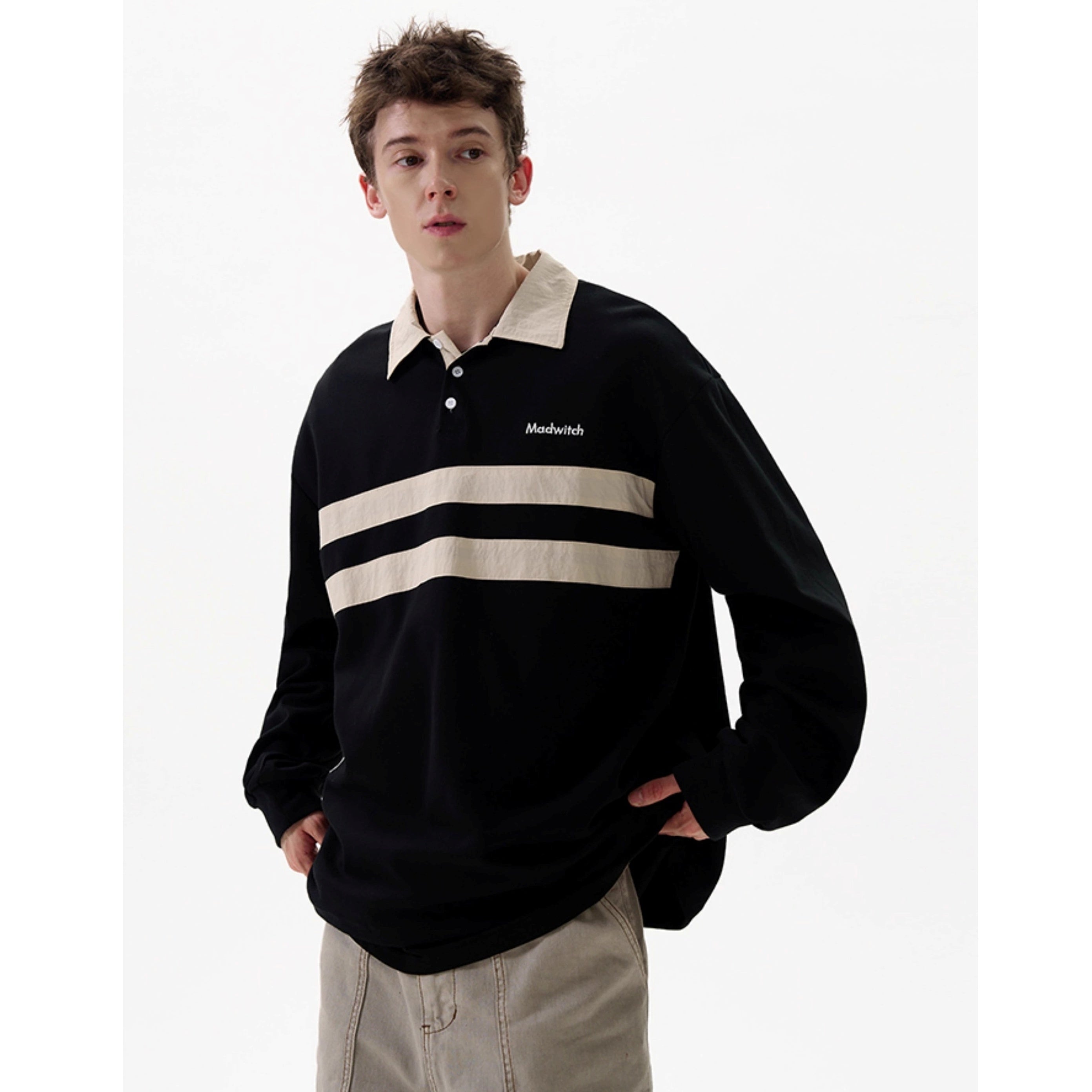Contrasting Line Polo Collar Sweatshirt MD7002