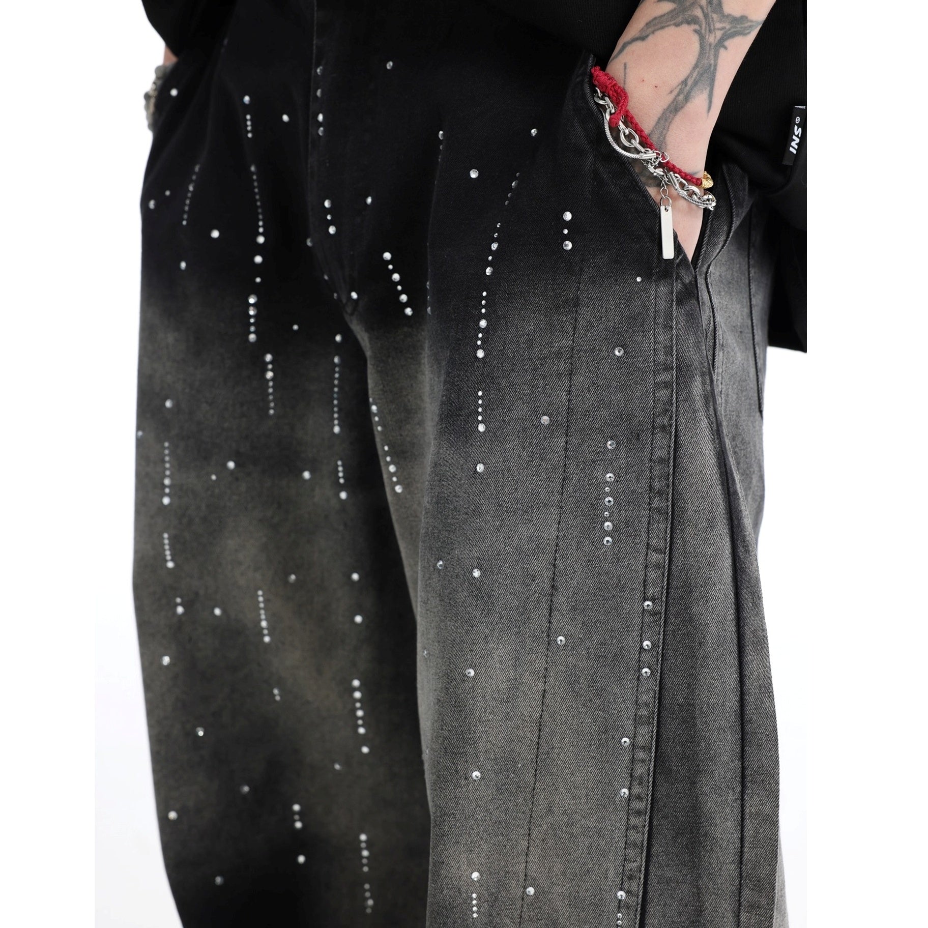 RhineStone Gradient Loose Distressed Washed Jeans IN7068