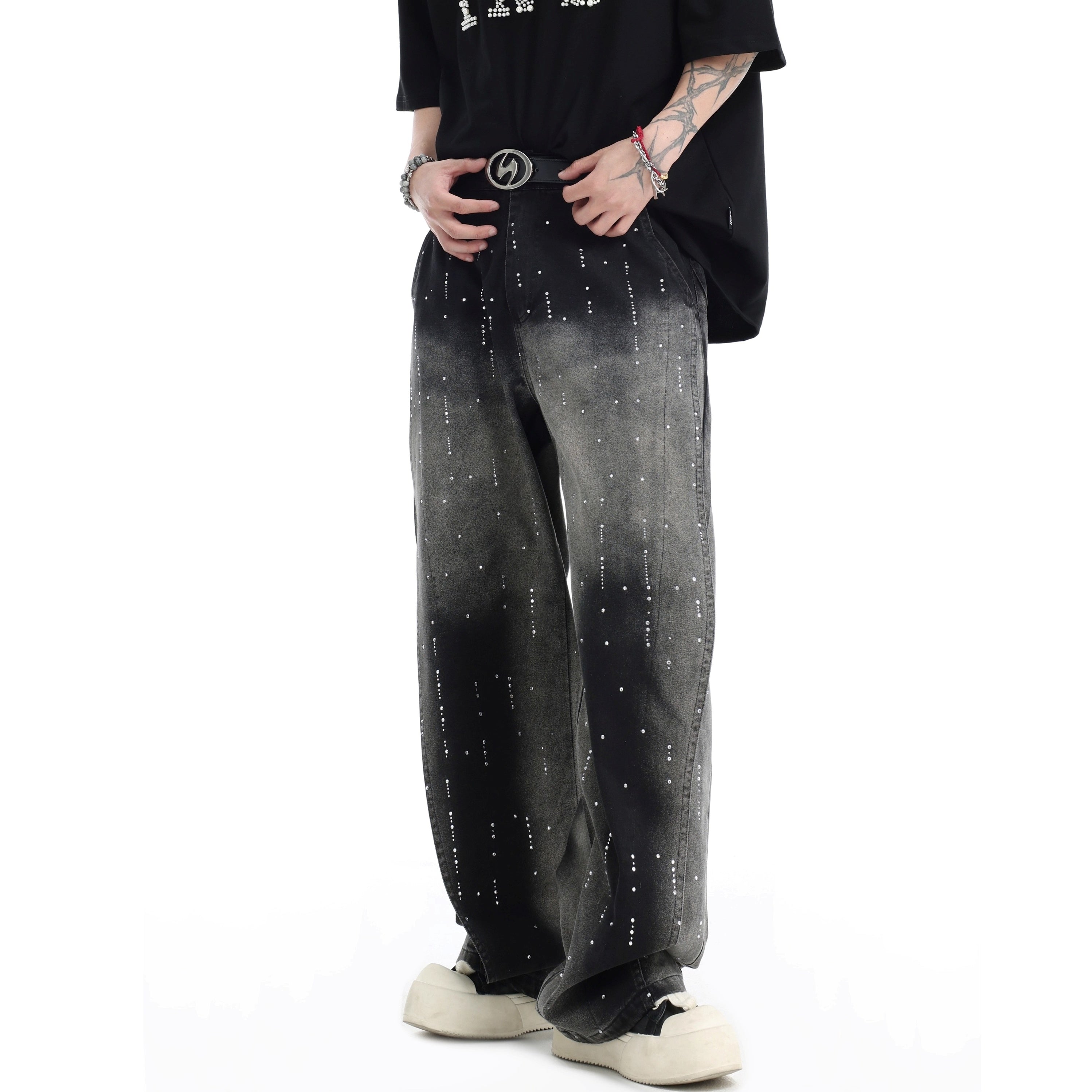 RhineStone Gradient Loose Distressed Washed Jeans IN7068