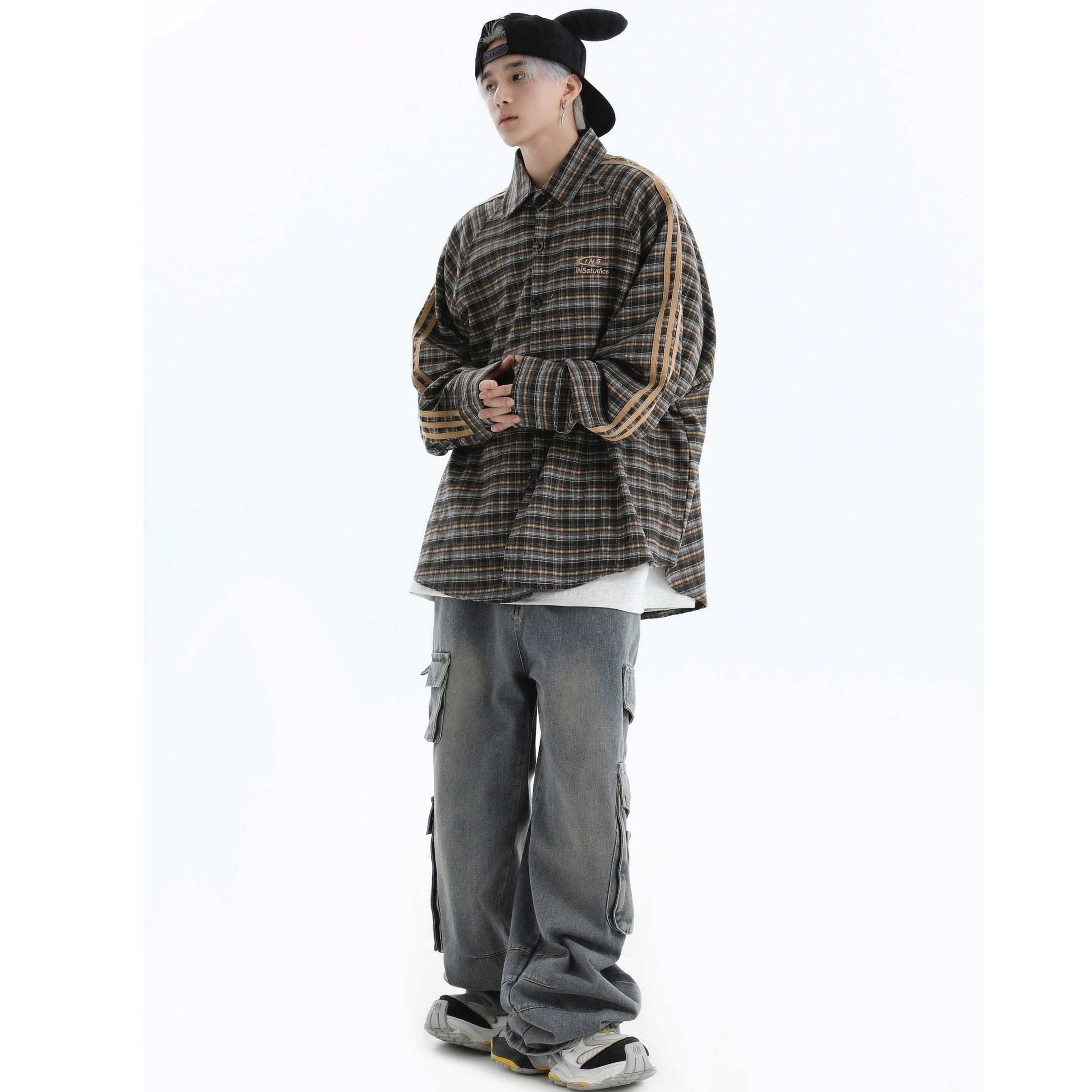 Three-bar Plaid Loose Shirt IN7077