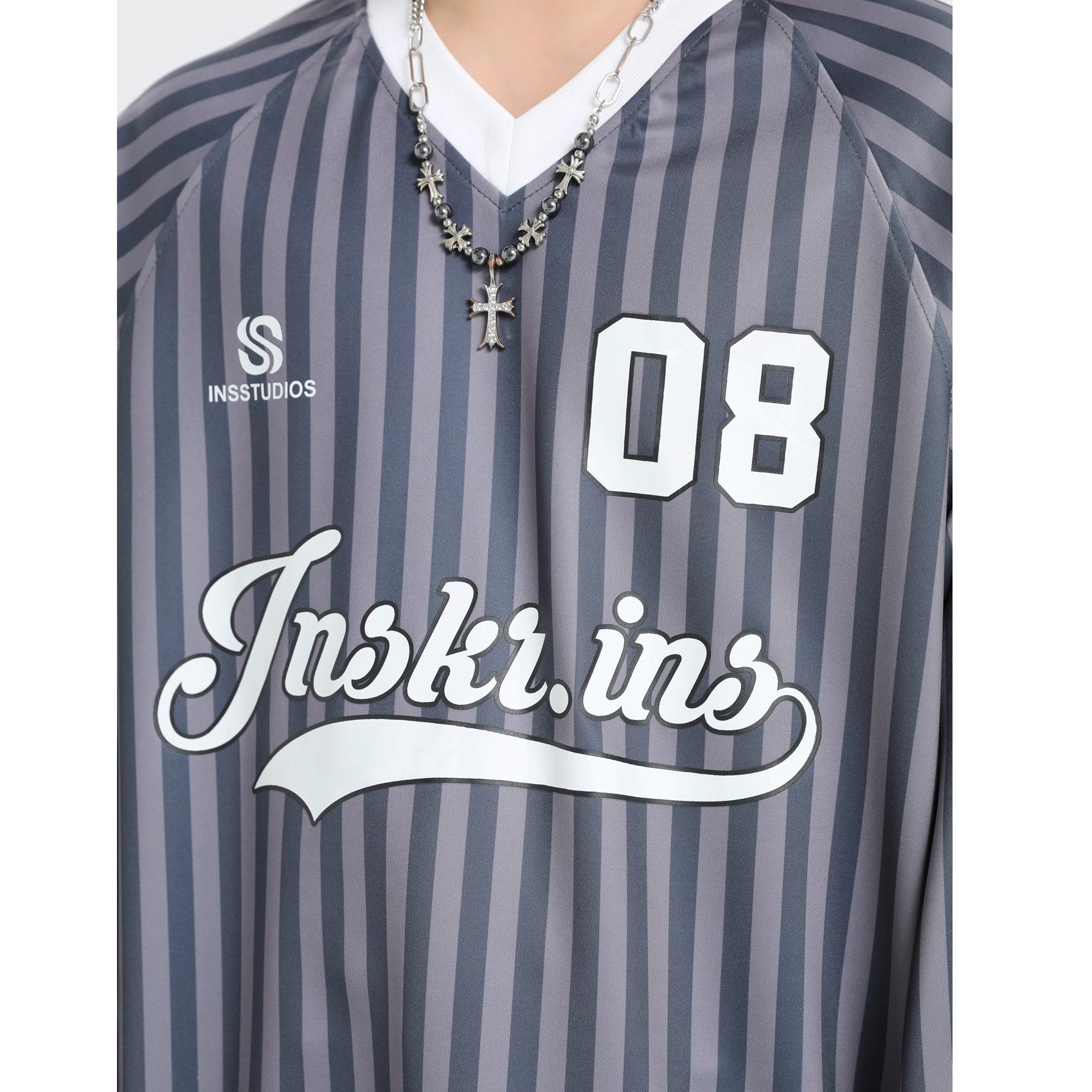 Stripe V-Neck Long Sleeve Sporty T-Shirt IN7073