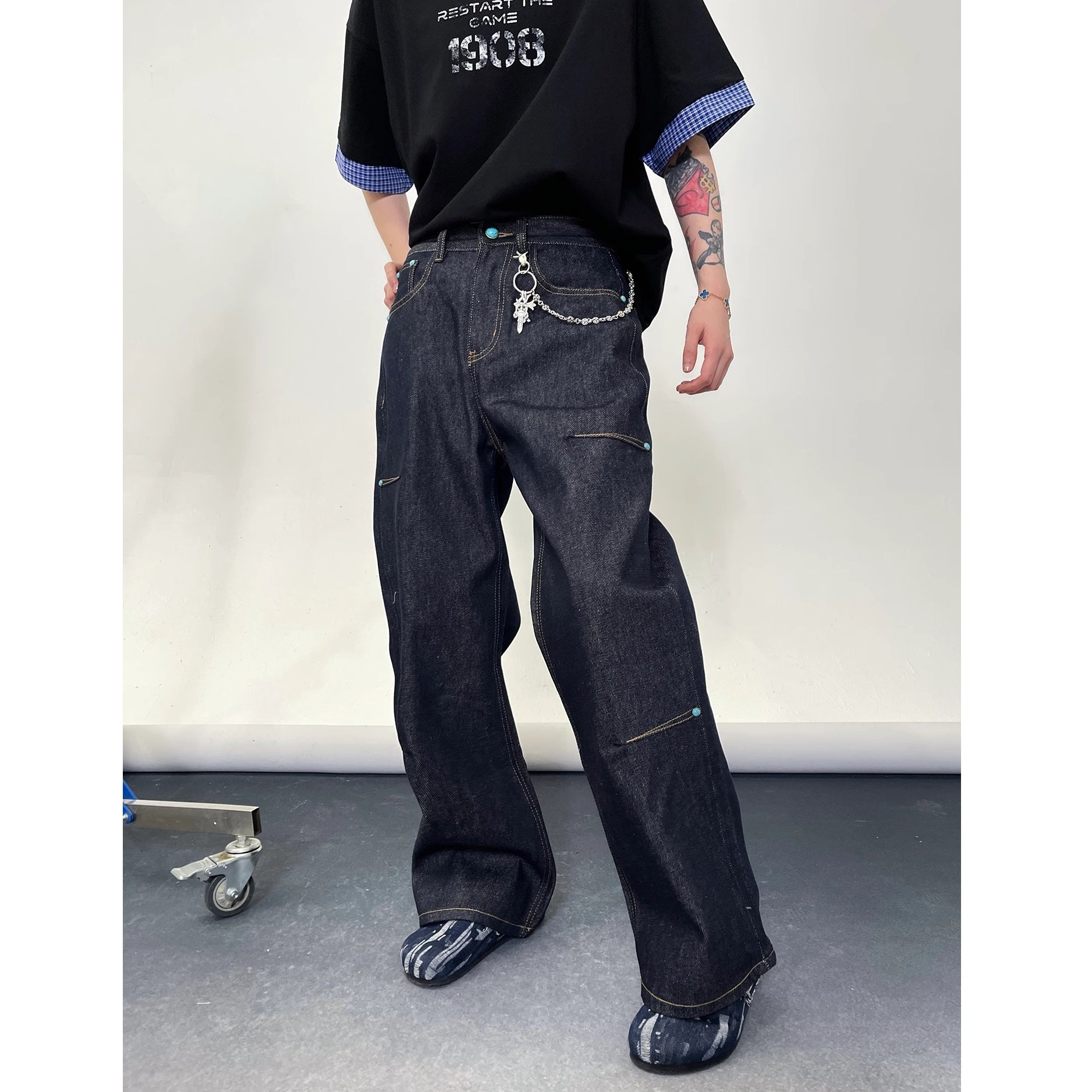 Turquoise Button Stitch Loose Straight Jeans EAT169