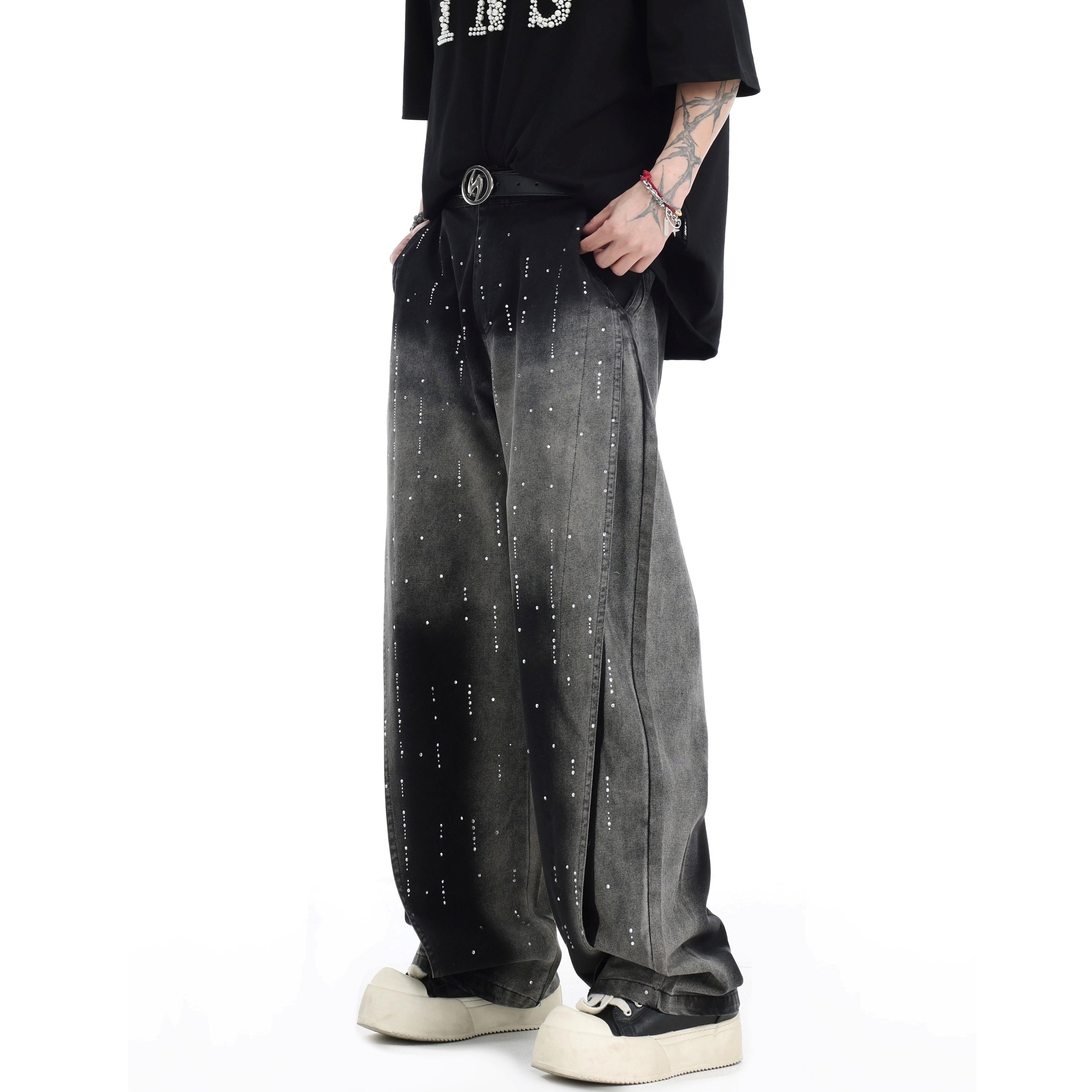 RhineStone Gradient Washed Loose Jeans IN7064