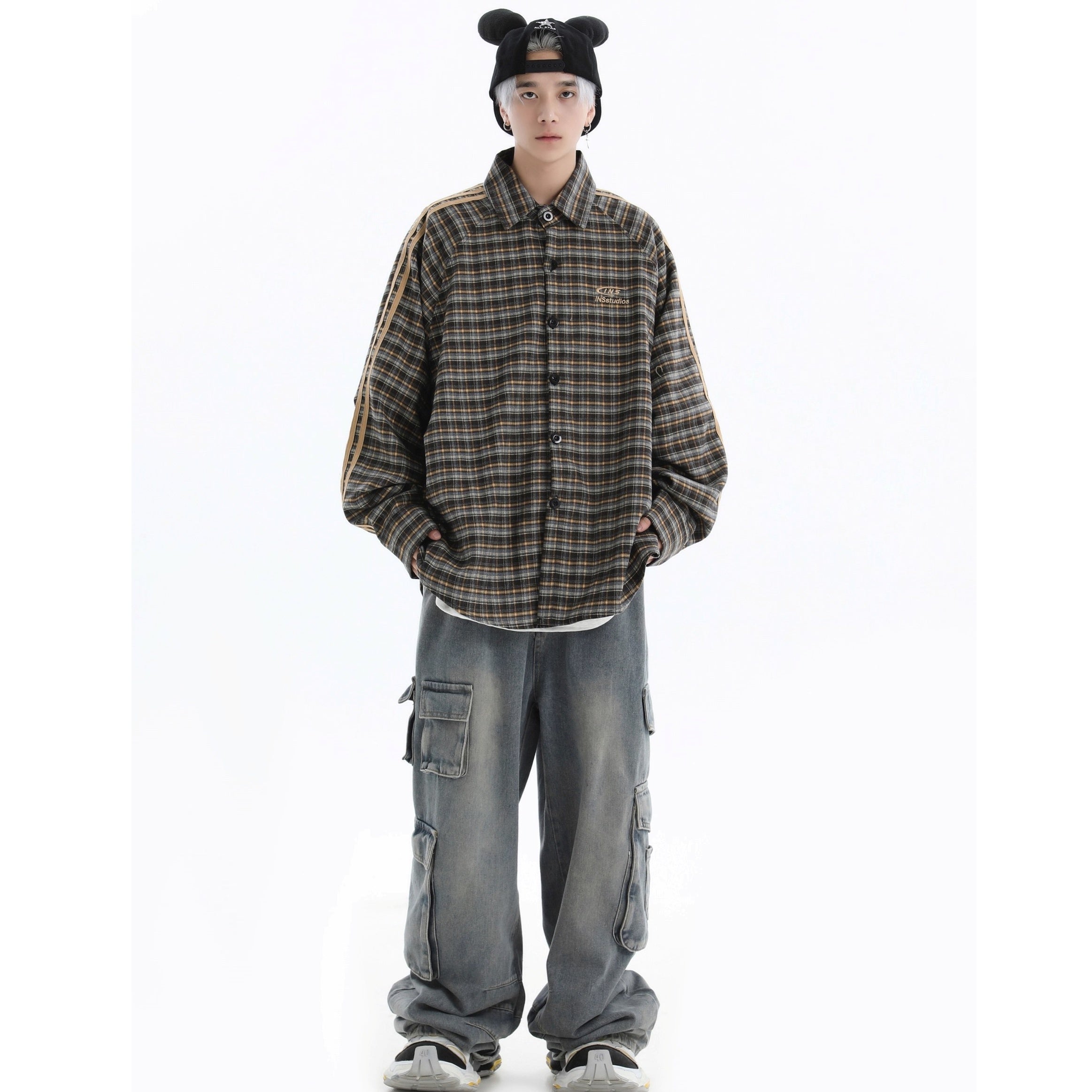 Three-bar Plaid Loose Shirt IN7077