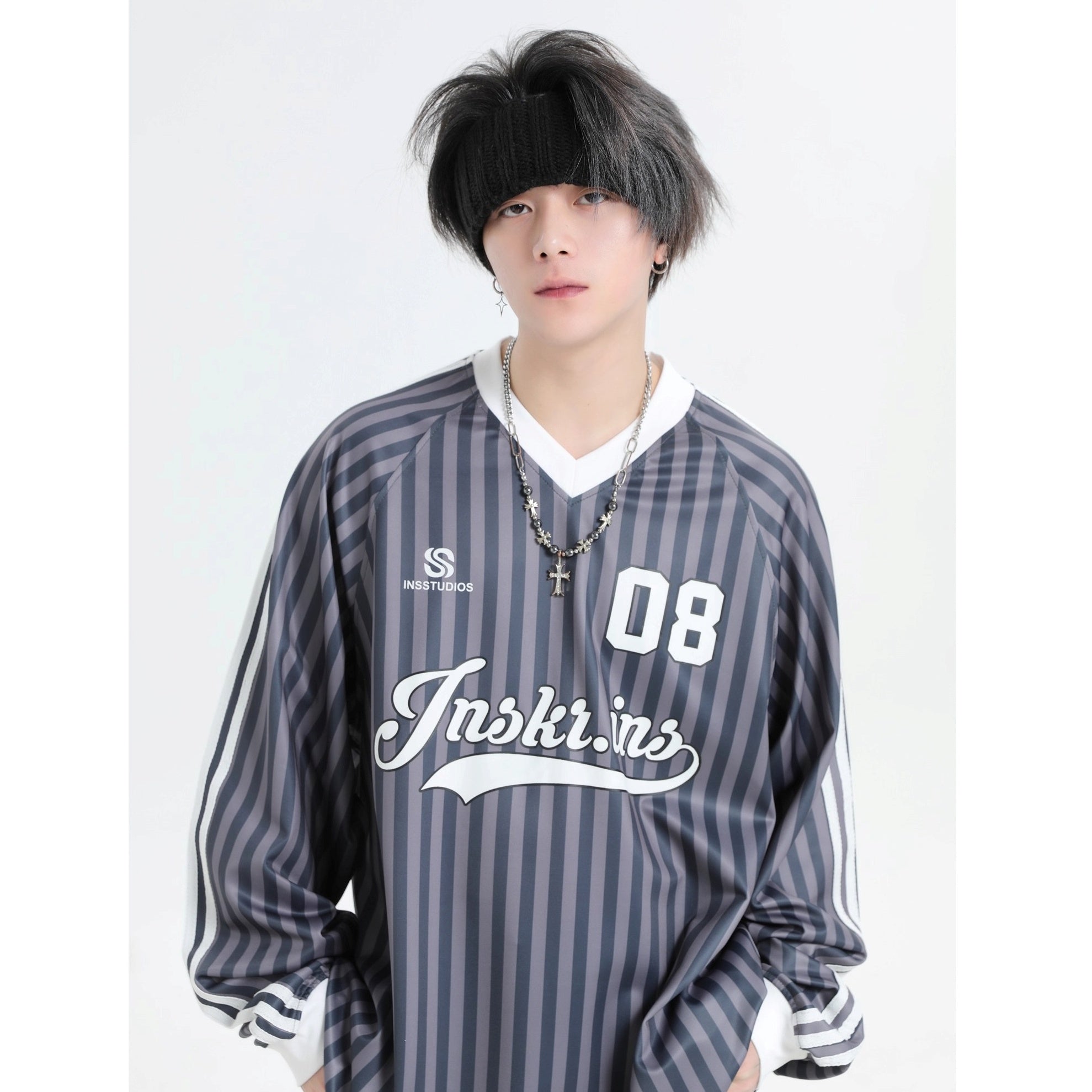 Stripe V-Neck Long Sleeve Sporty T-Shirt IN7073
