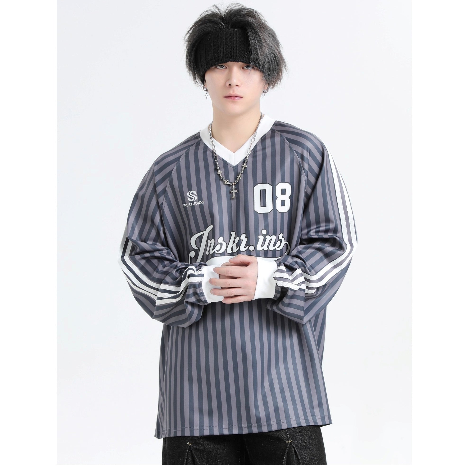 Stripe V-Neck Long Sleeve Sporty T-Shirt IN7073