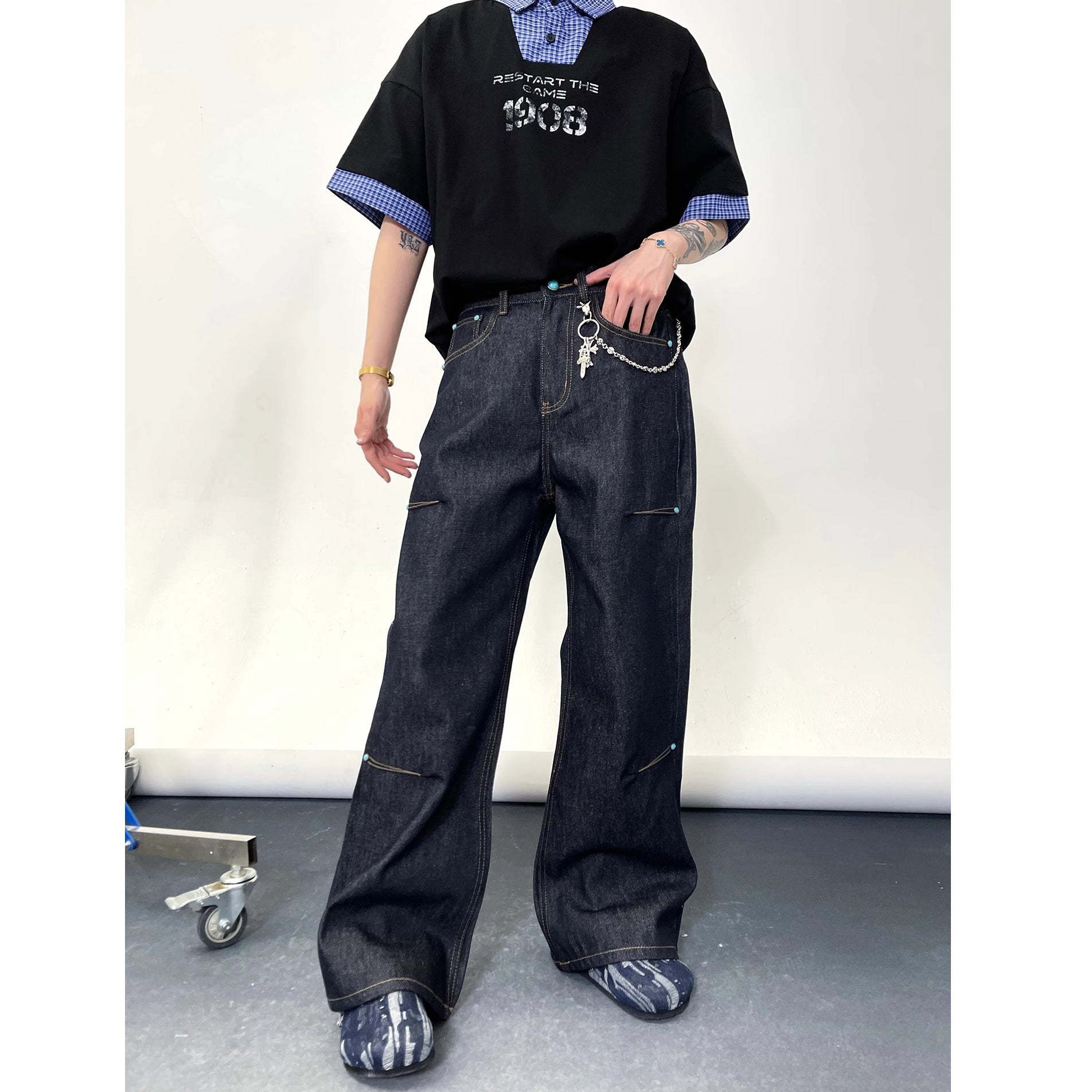 Turquoise Button Stitch Loose Straight Jeans EAT169