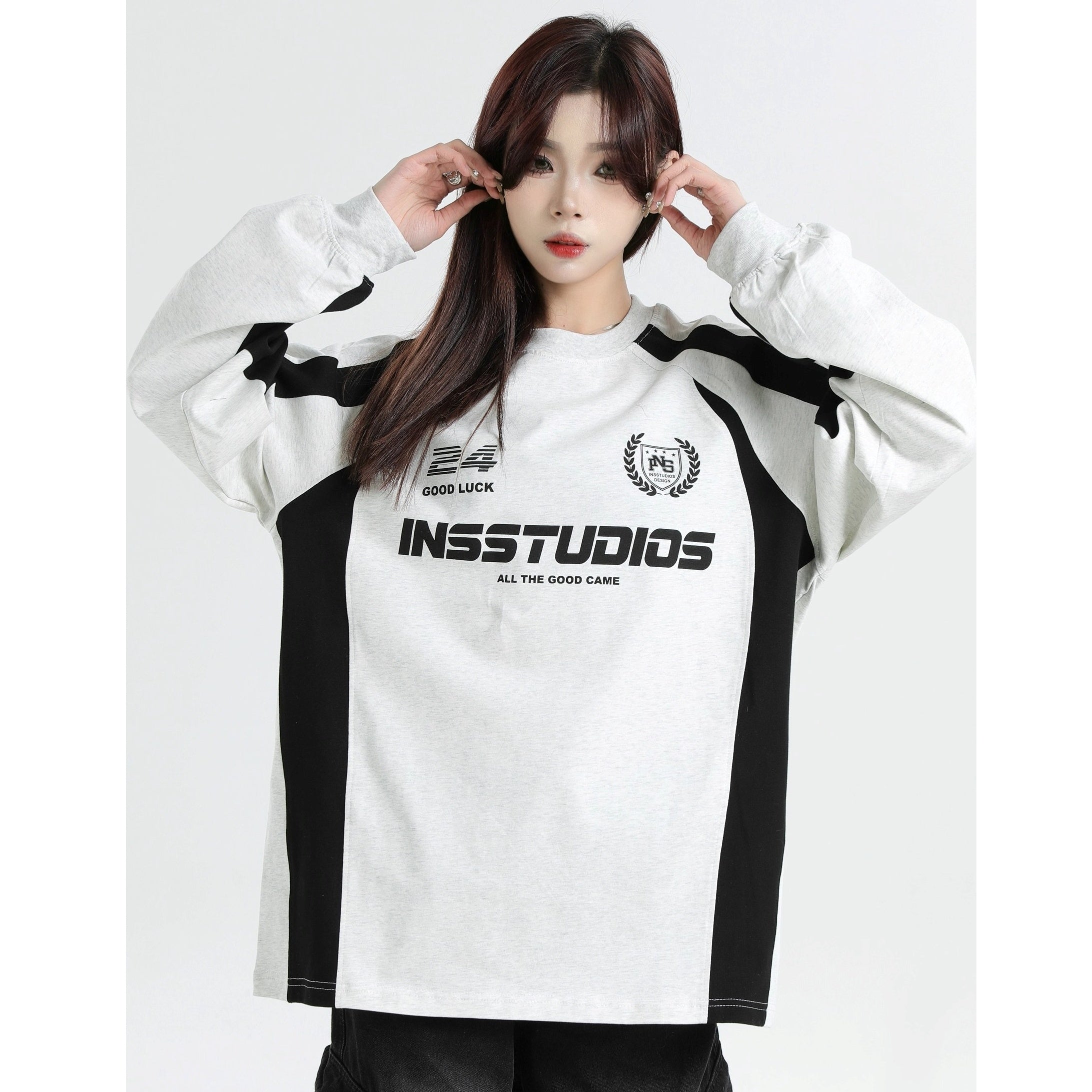 Contrasting Stitching Racing LOGO Long Sleeve T-shirt IN7074