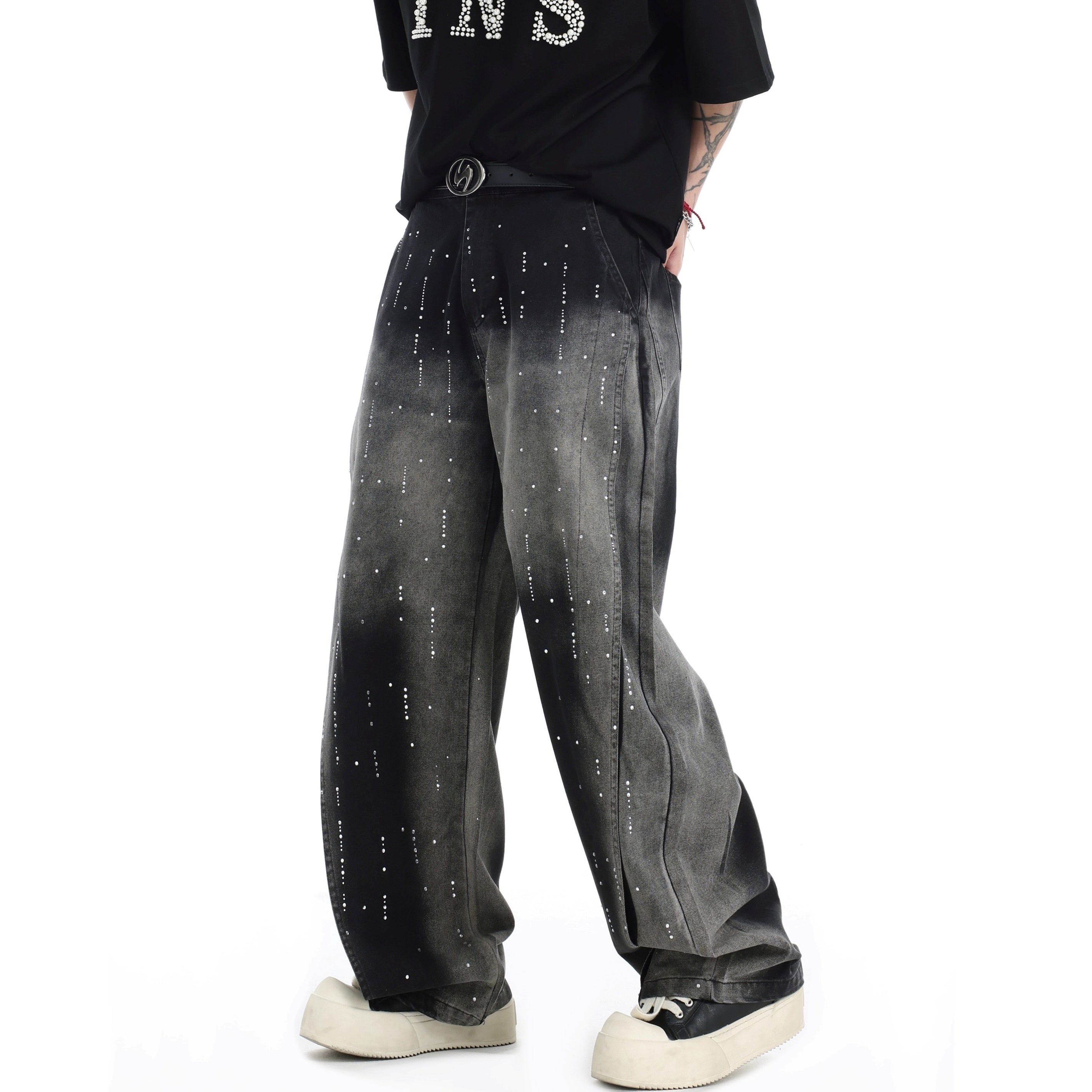 RhineStone Gradient Loose Distressed Washed Jeans IN7068