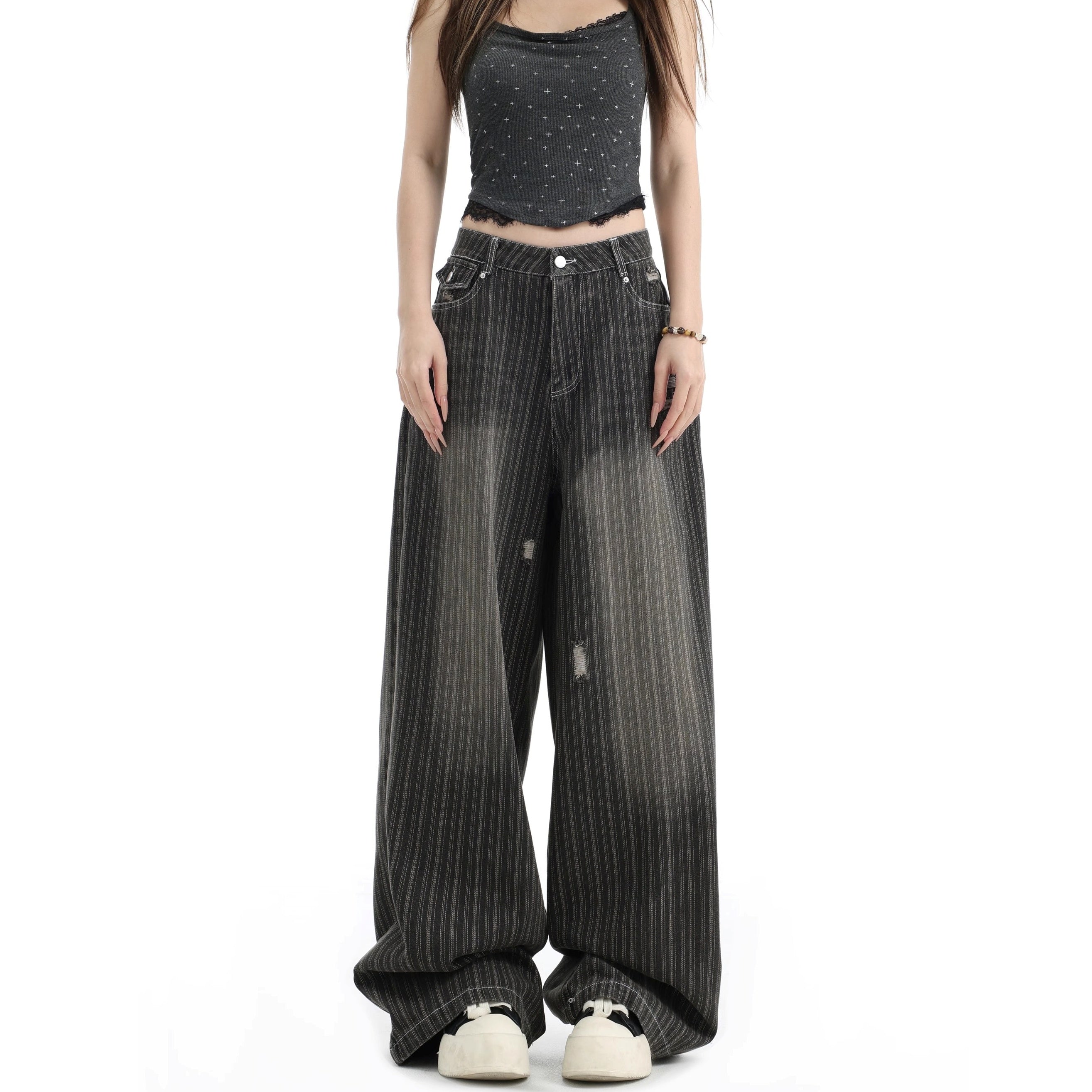 Vintage Vertical Stripe Loose Ripped Jeans IN7063