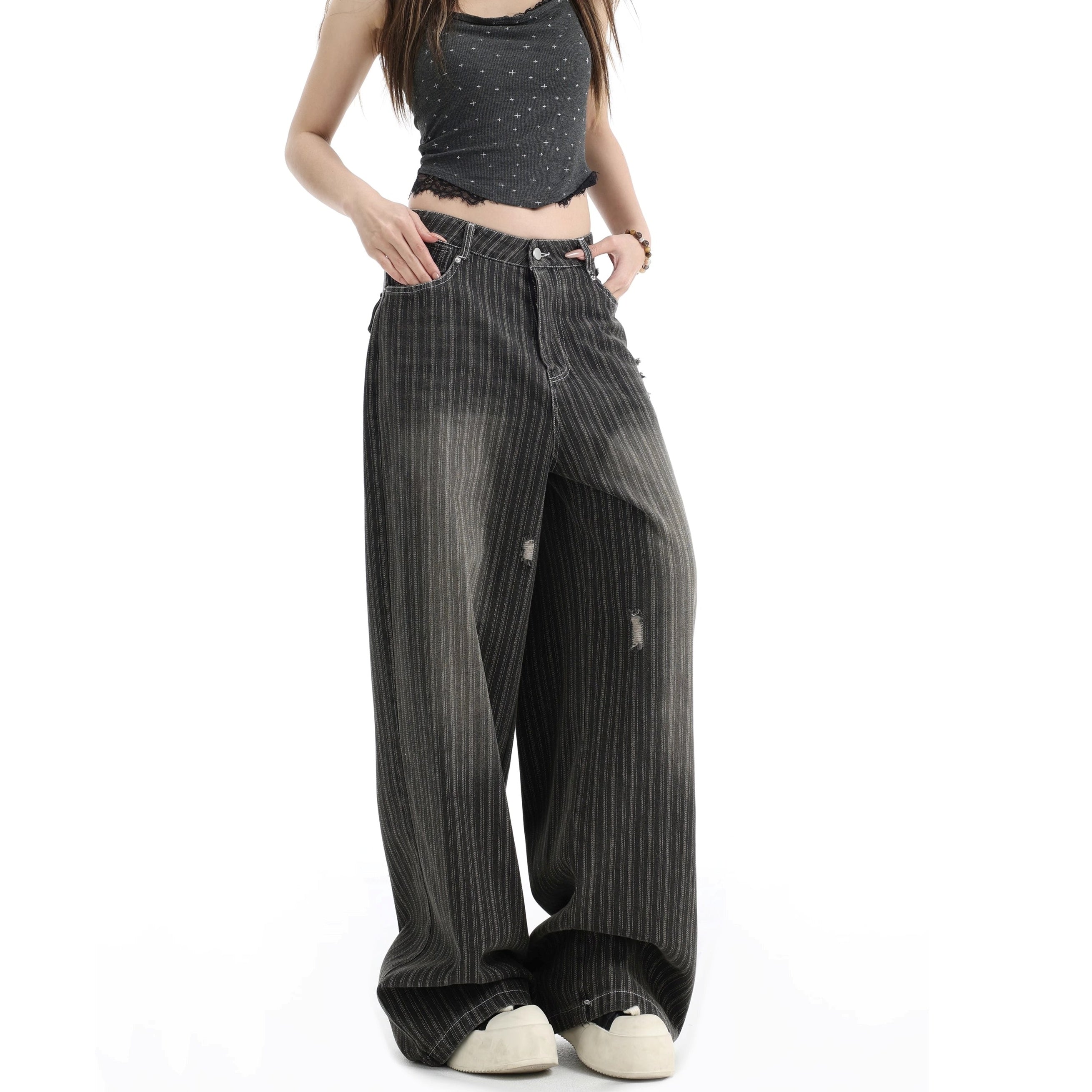 Vintage Vertical Stripe Loose Ripped Jeans IN7063