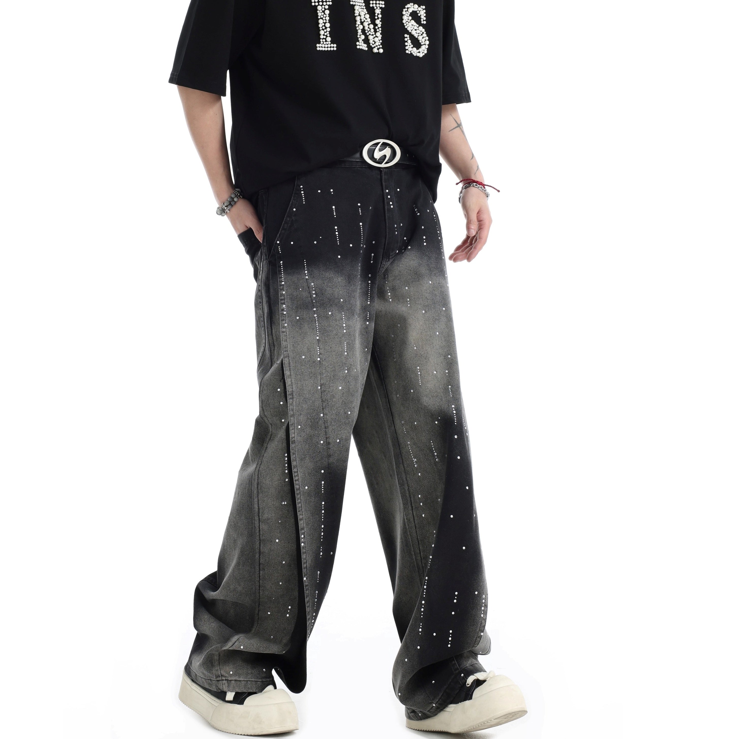 RhineStone Gradient Washed Loose Jeans IN7064