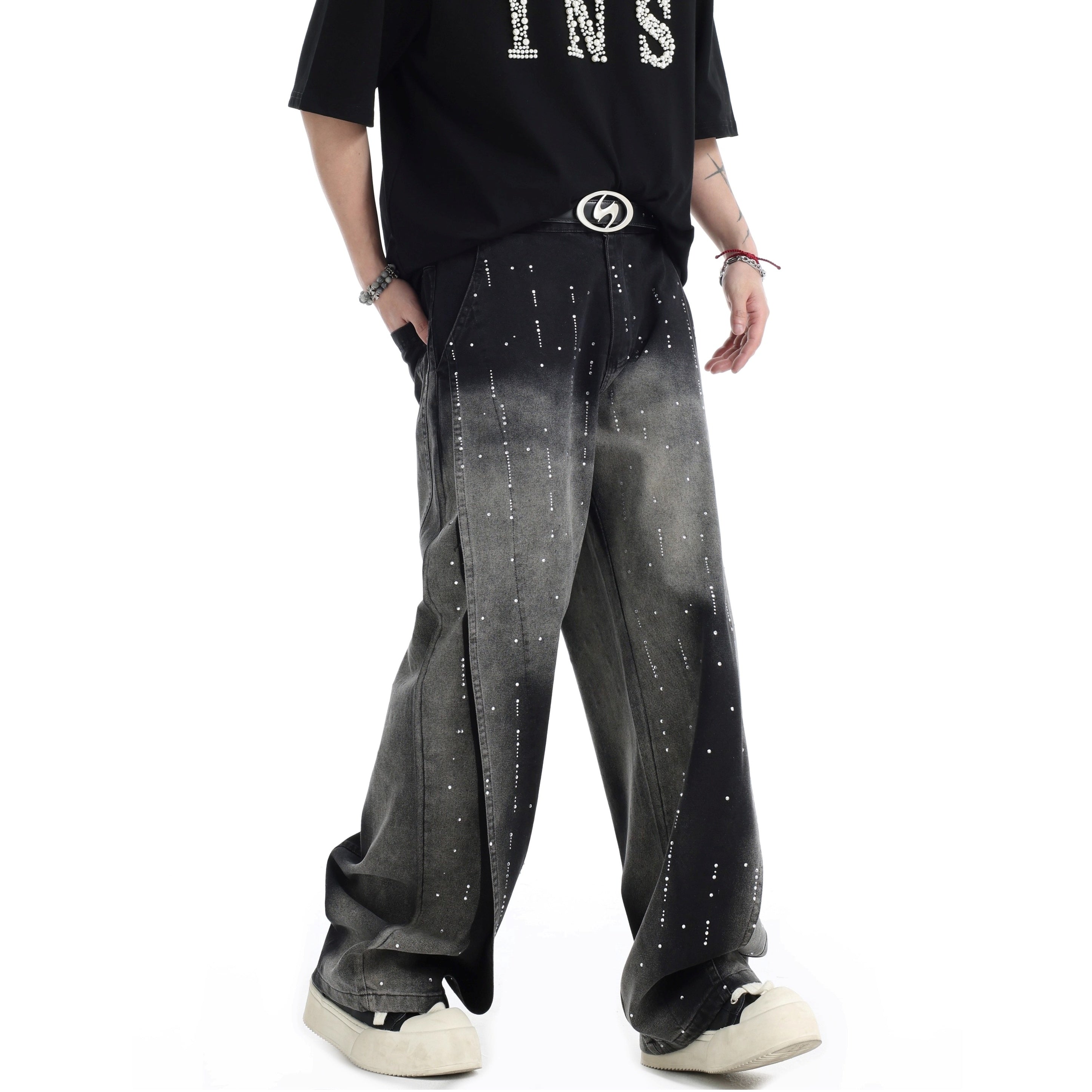 RhineStone Gradient Loose Distressed Washed Jeans IN7068