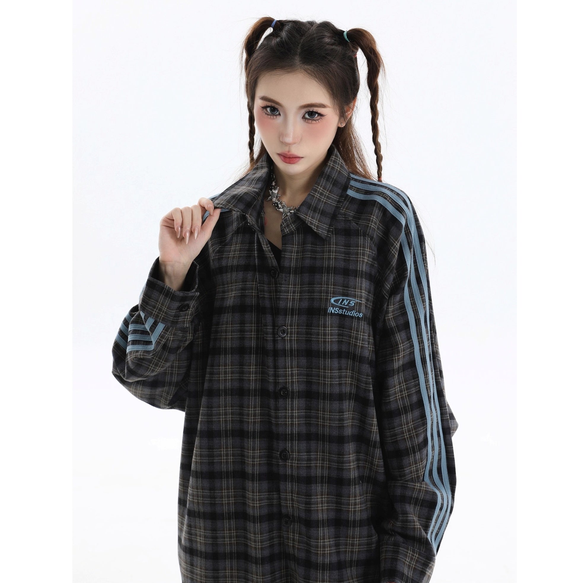 Three-bar Plaid Loose Shirt IN7077