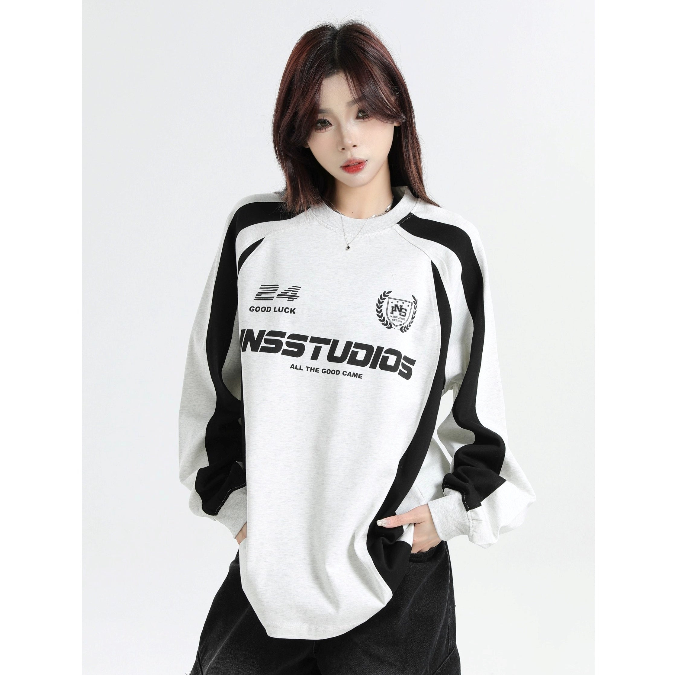 Contrasting Stitching Racing LOGO Long Sleeve T-shirt IN7074
