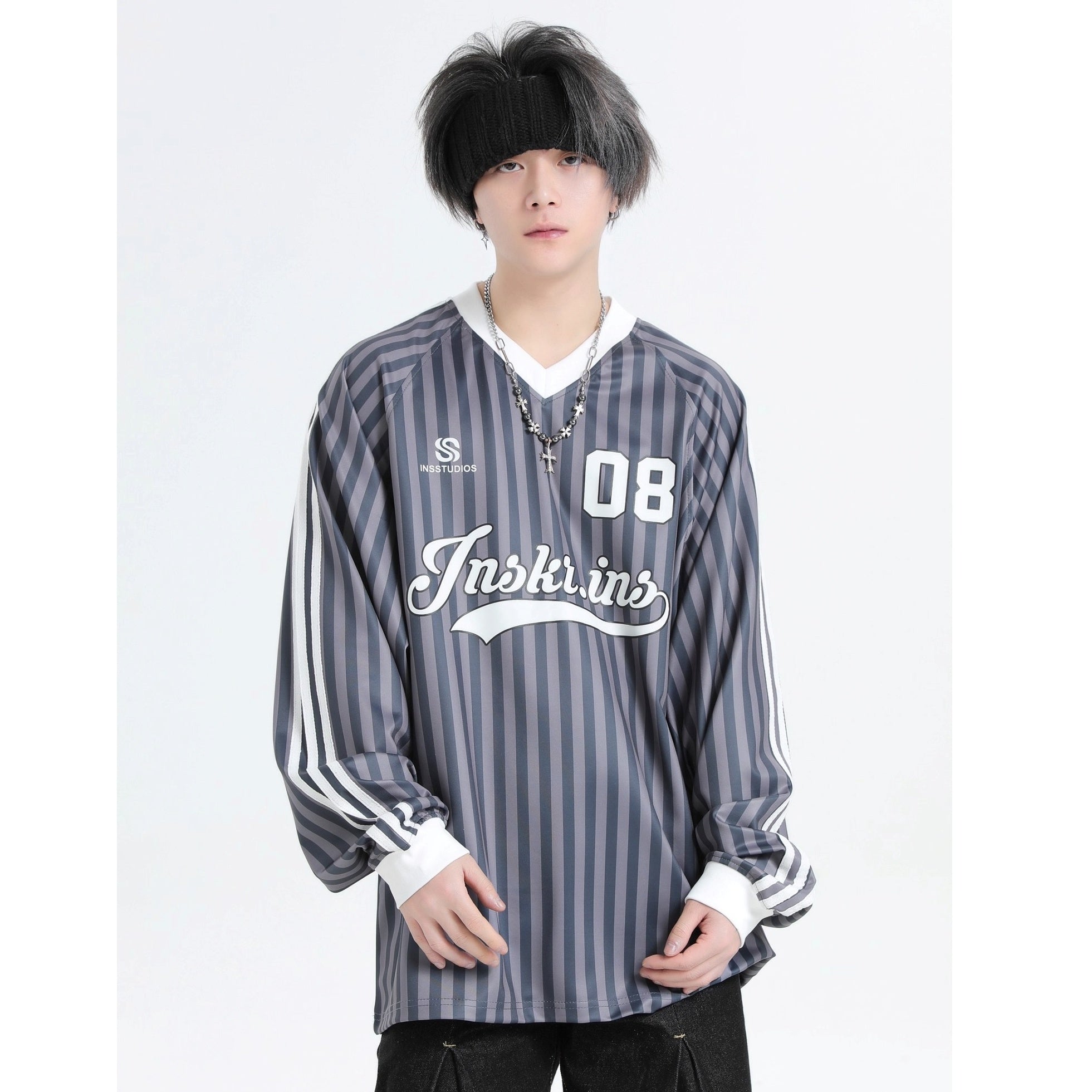 Stripe V-Neck Long Sleeve Sporty T-Shirt IN7073