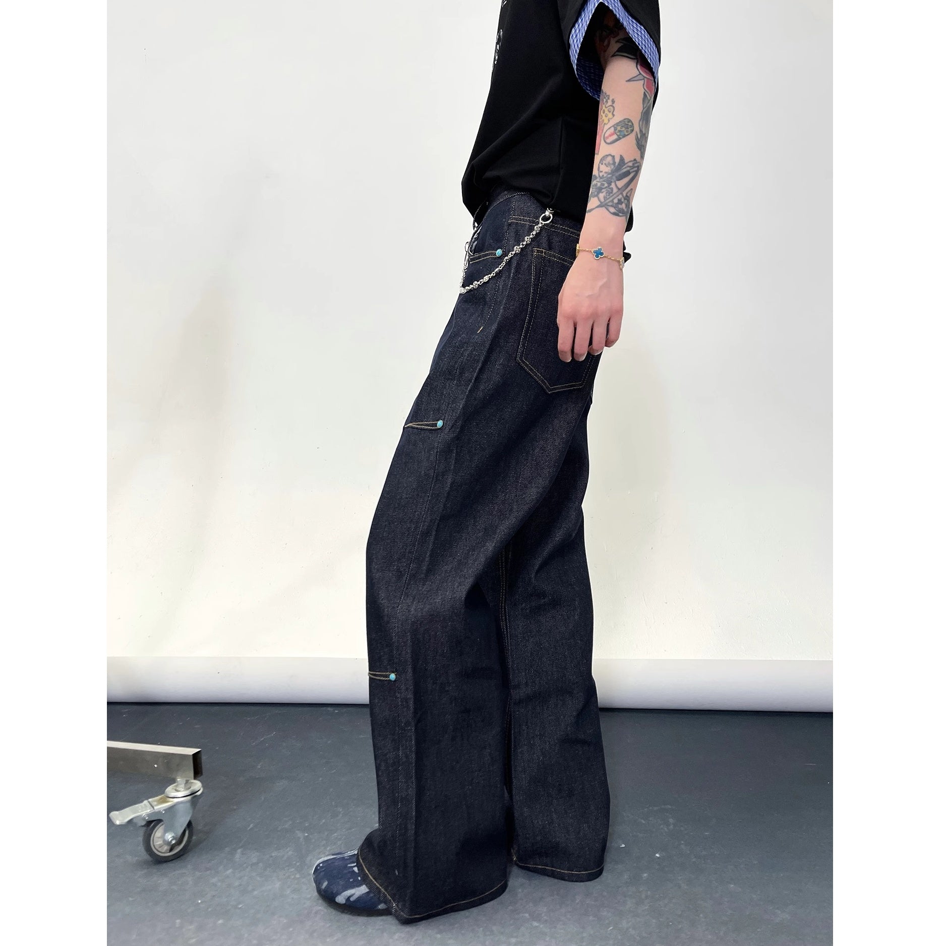 Turquoise Button Stitch Loose Straight Jeans EAT169