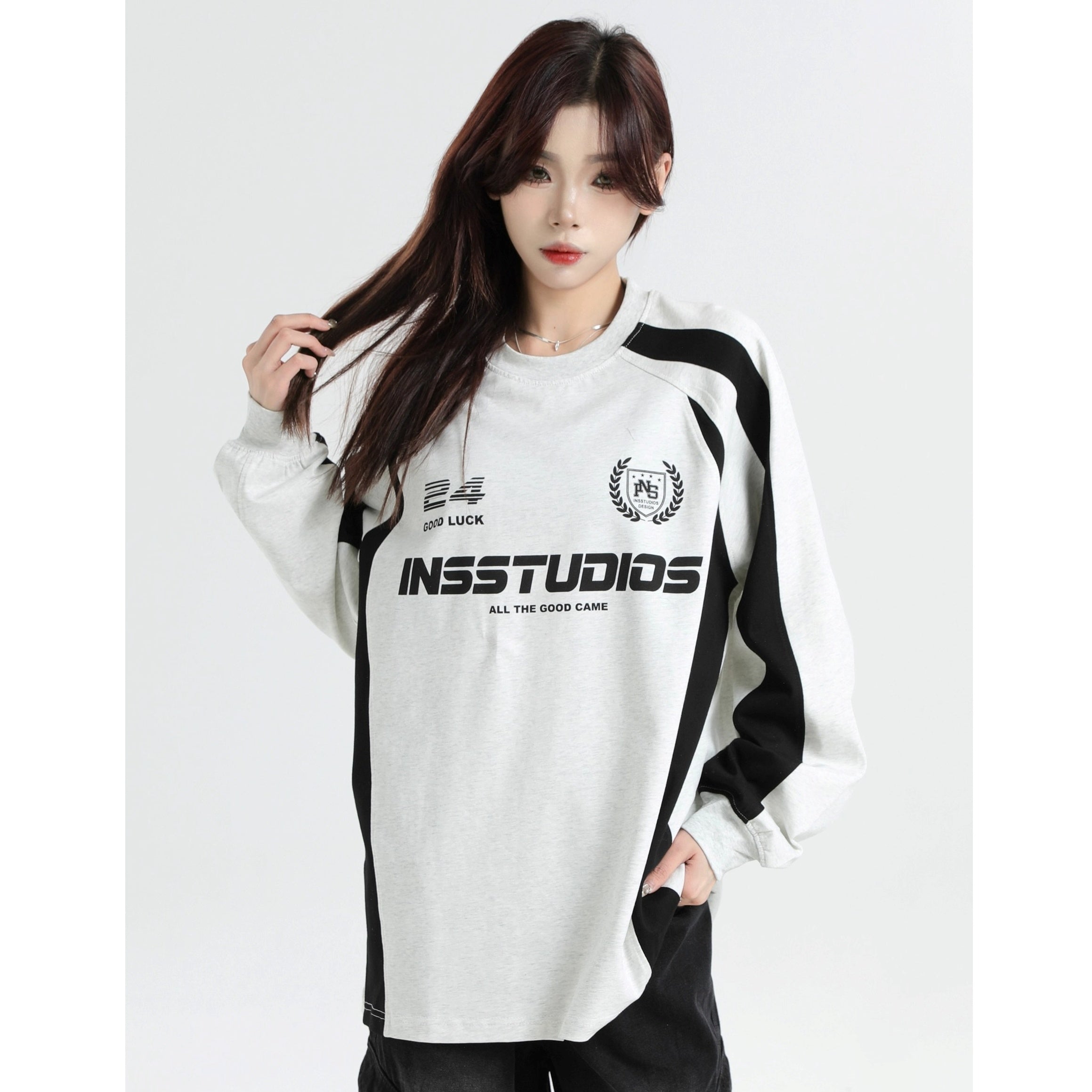 Contrasting Stitching Racing LOGO Long Sleeve T-shirt IN7074