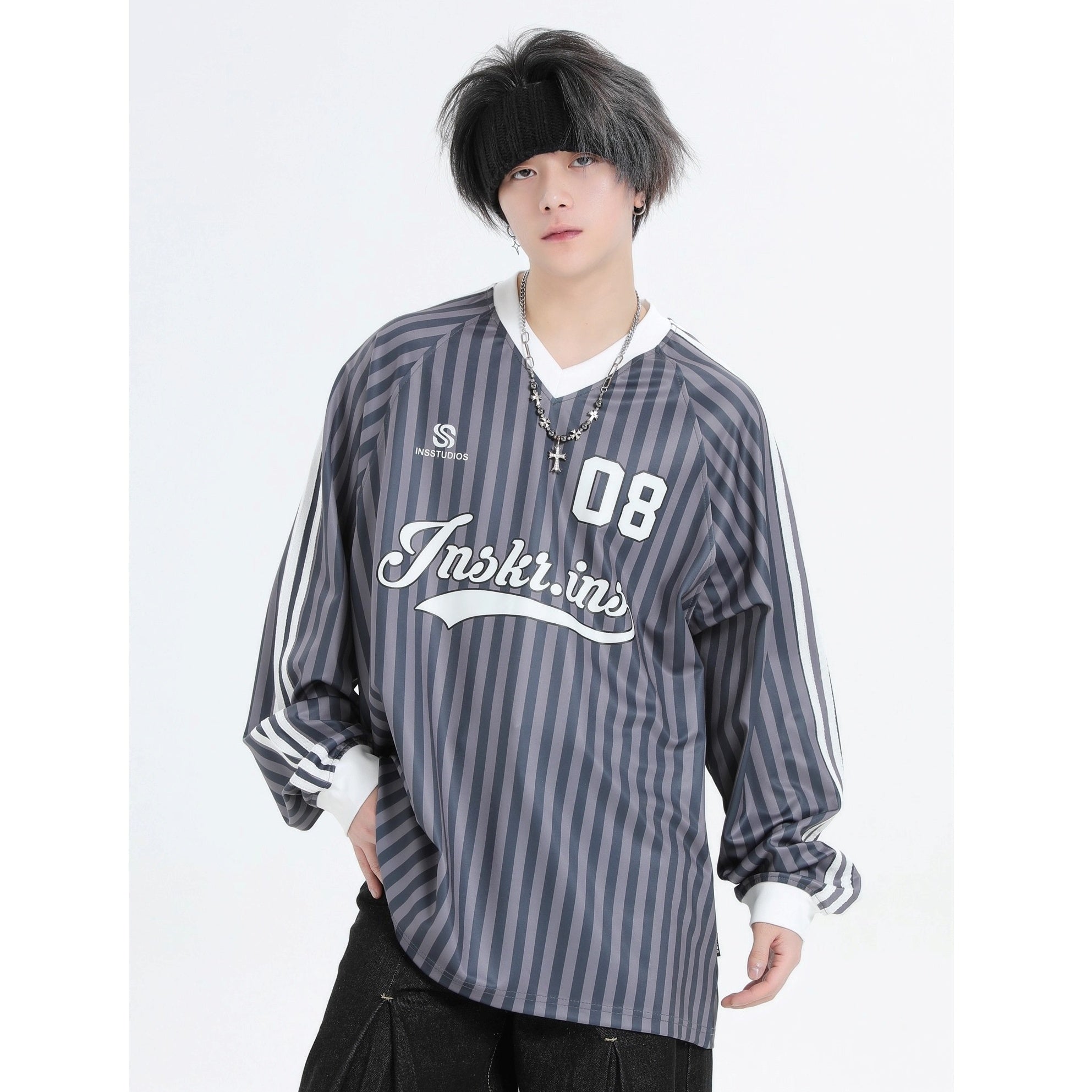 Stripe V-Neck Long Sleeve Sporty T-Shirt IN7073