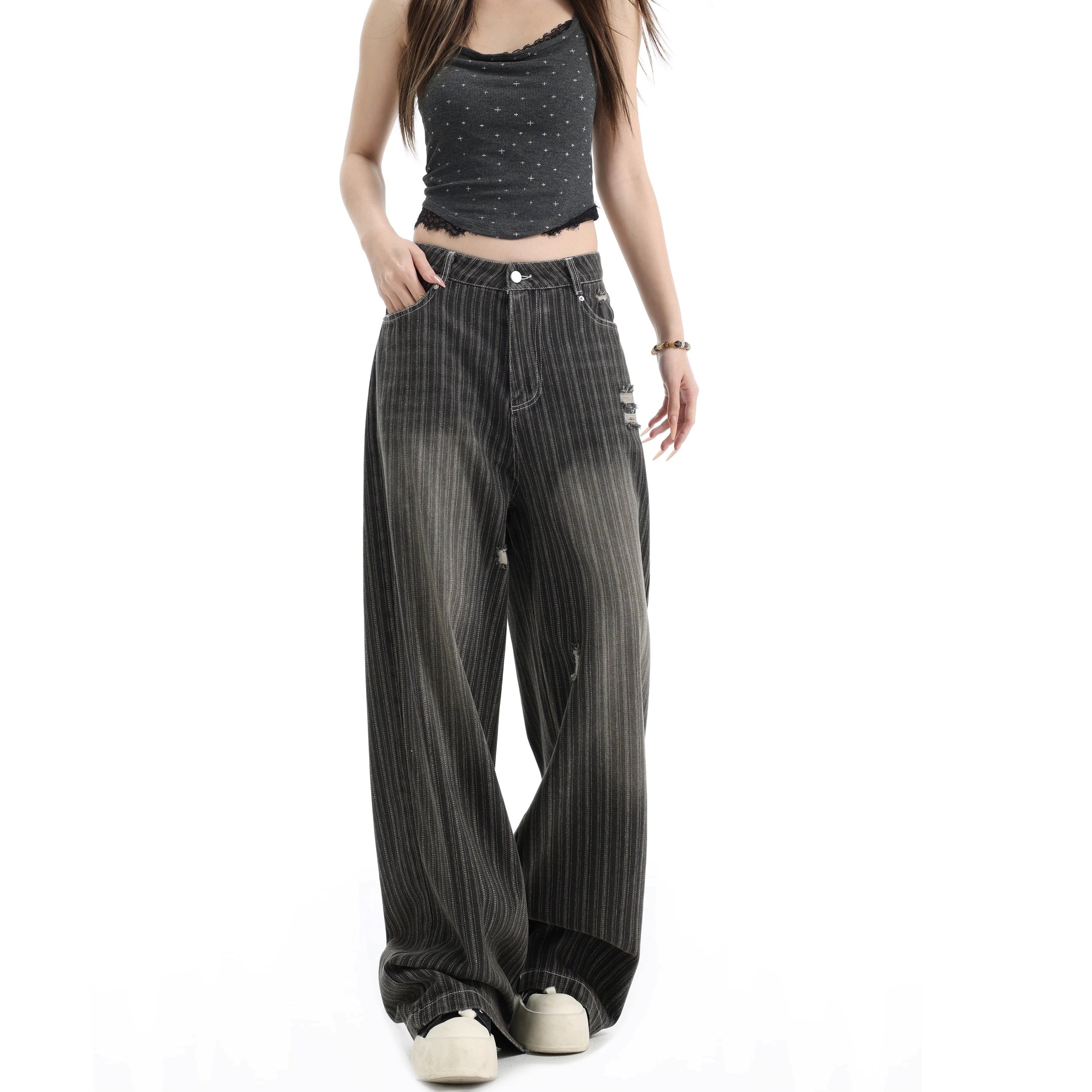 Vintage Vertical Stripe Loose Ripped Jeans IN7063