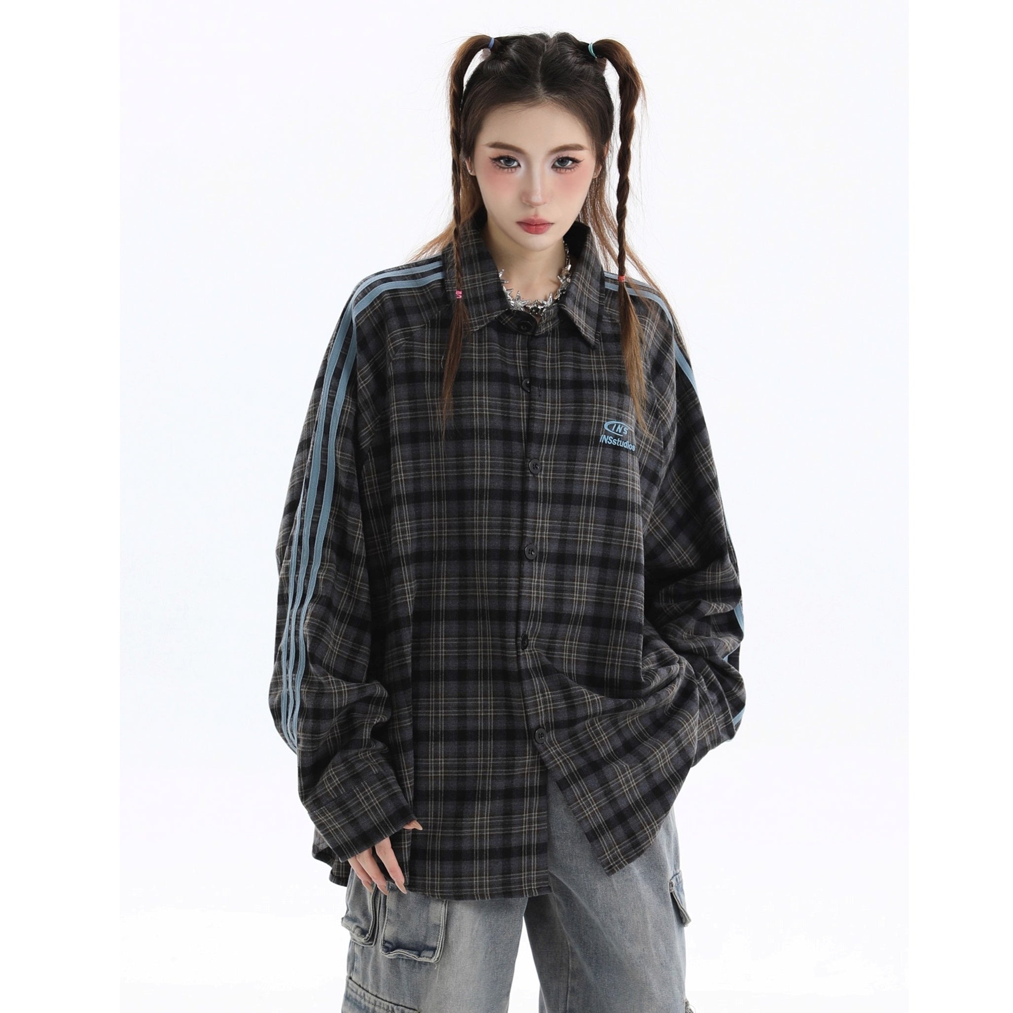 Three-bar Plaid Loose Shirt IN7077