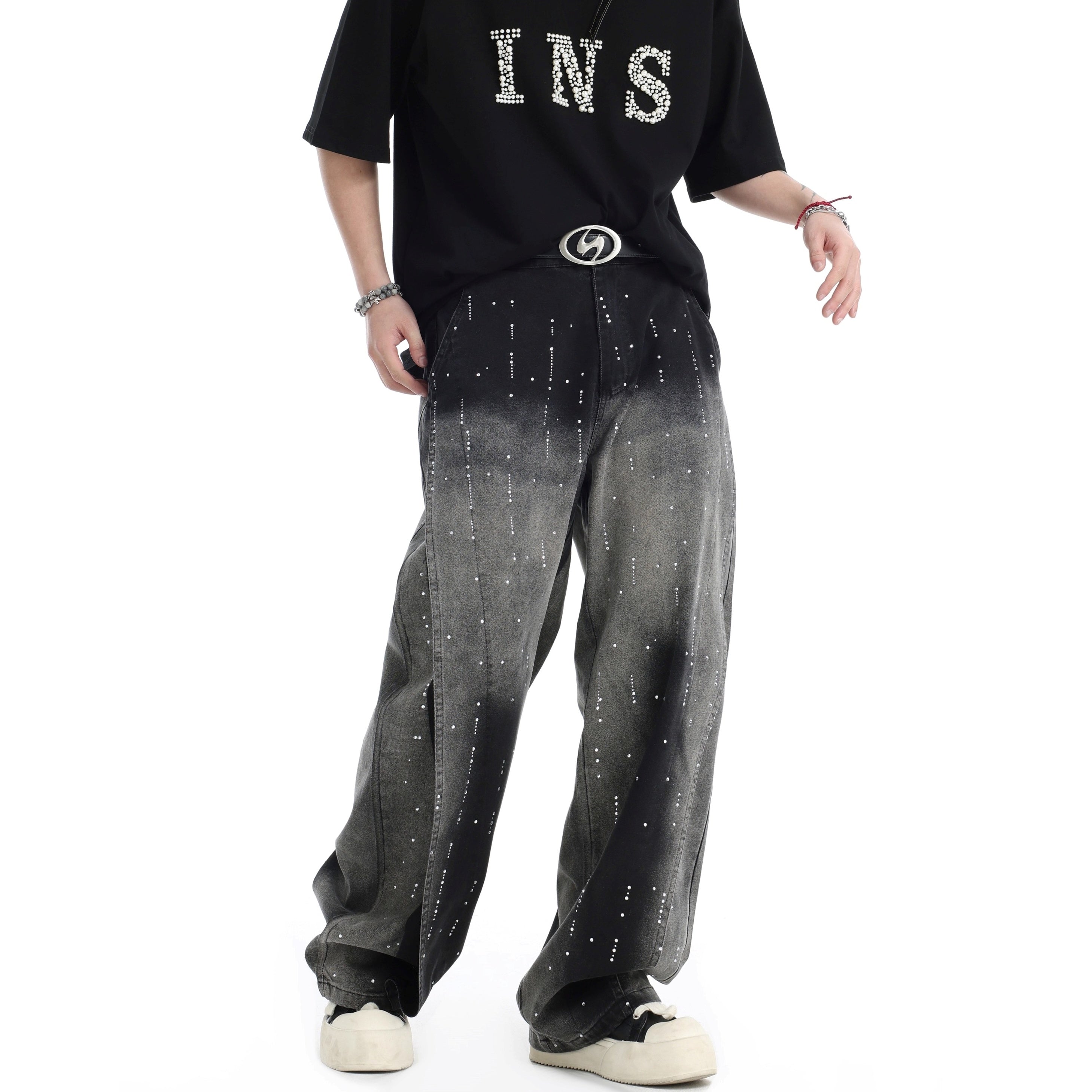 RhineStone Gradient Washed Loose Jeans IN7064