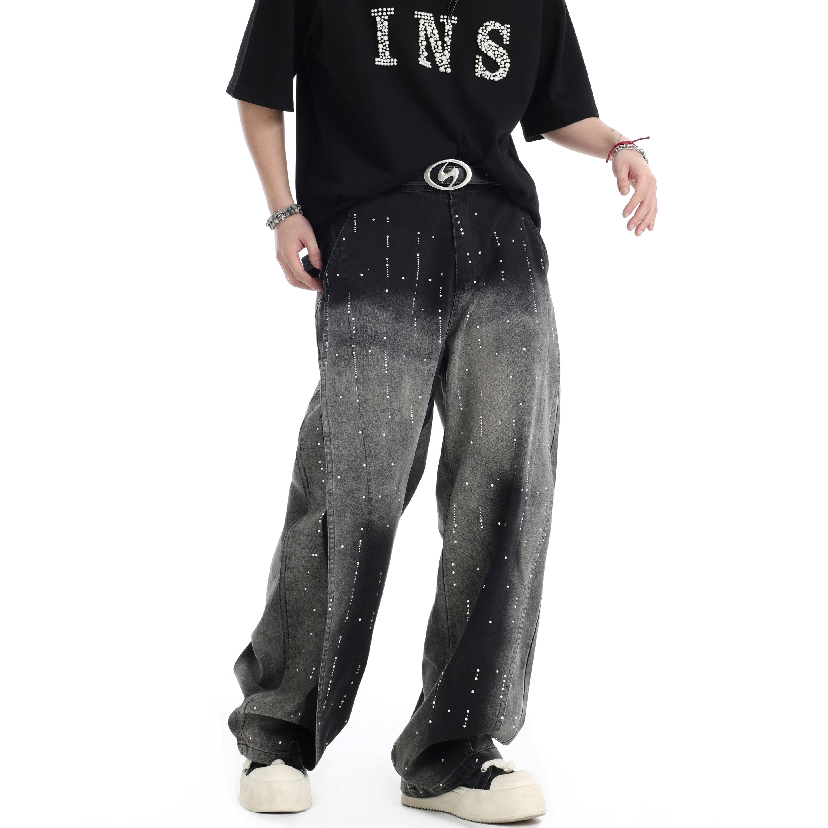 RhineStone Gradient Loose Distressed Washed Jeans IN7068