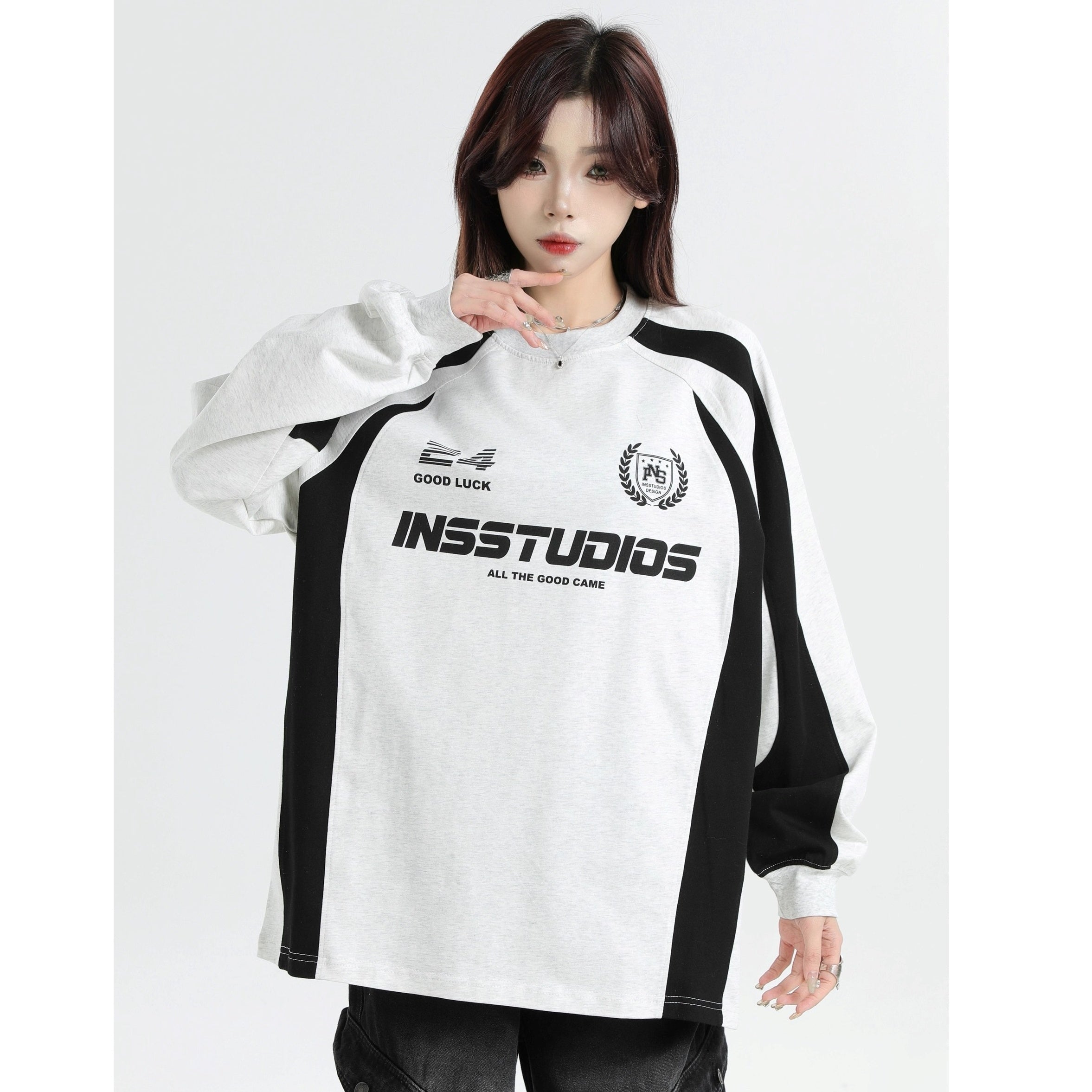 Contrasting Stitching Racing LOGO Long Sleeve T-shirt IN7074